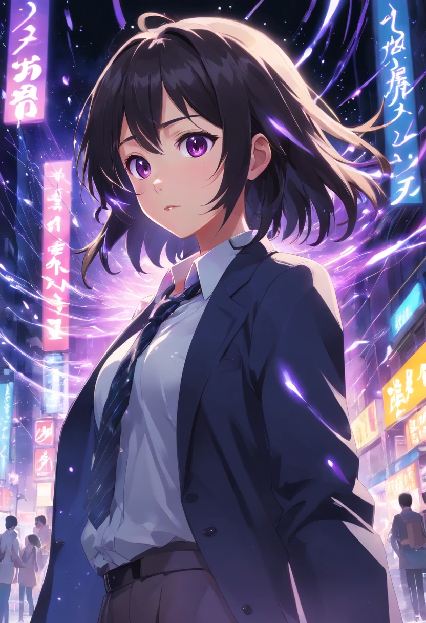 (masterpiece, best quality:1.3), (ultra-detailed:1.3), 1girl, solo, (black hair, messy hair, medium hair), large chest, purple eyes, (white shirt, black necktie, black coat, open coat), cowboy shot, cinematic lighting, (((glowing light particles))), (arms behind back), dynamic angle