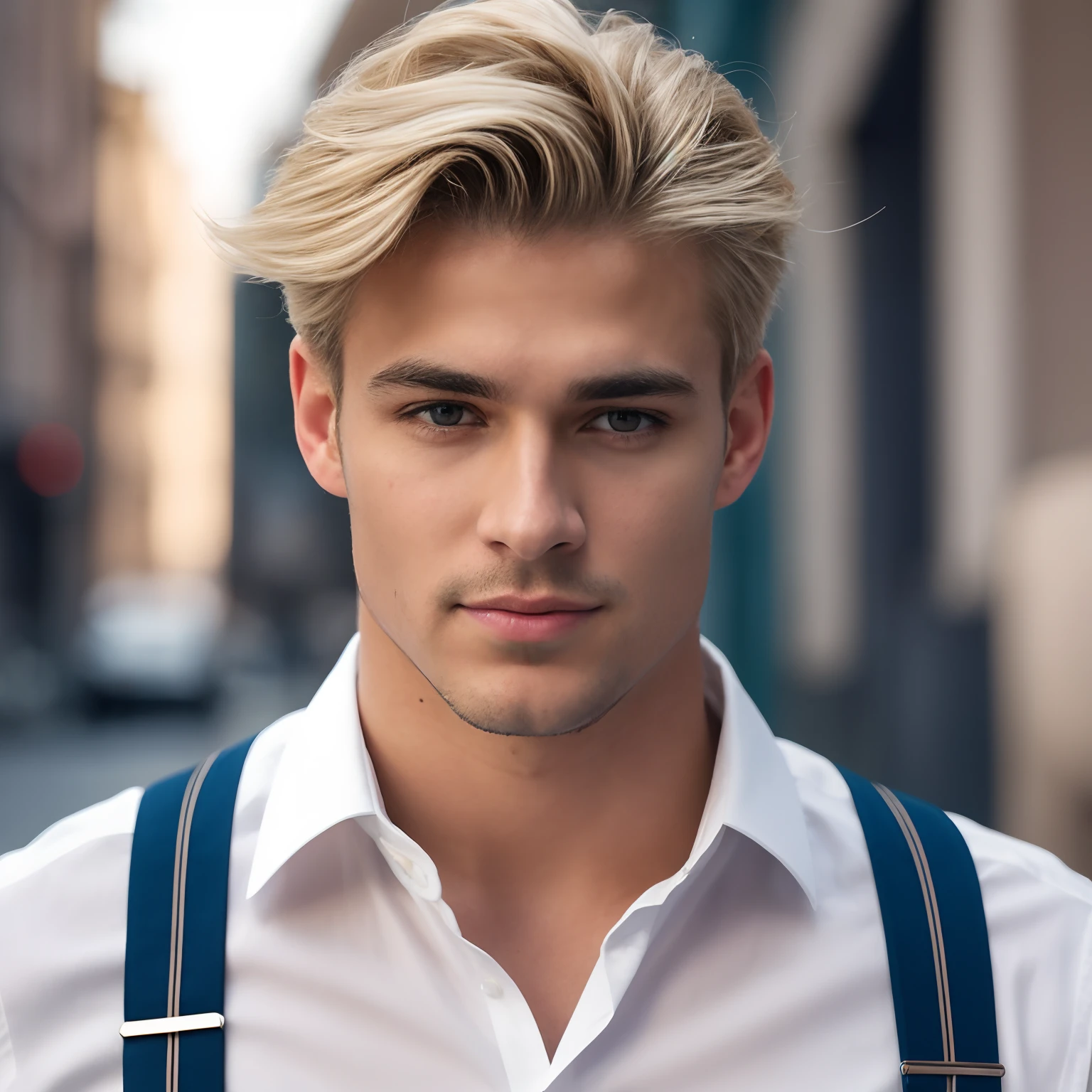 Blonde-haired man with suspenders and white shirt staring into the camera, long blonde hair swept back and blue eyes, Blonde and attractive features, homem jovem loiro, macho atraente, Homem magro com pele bronzeada clara, bonito rosto atraente, Jovem com rosto bonito, Macho bonito, jovem bonito, homem atraente, cara loiro, jovem atraente, bonito e atraente, rosto bonito perfeito, bonito impressionante realista, square jawline, rosto detalhado, Kevin Pabel 8k