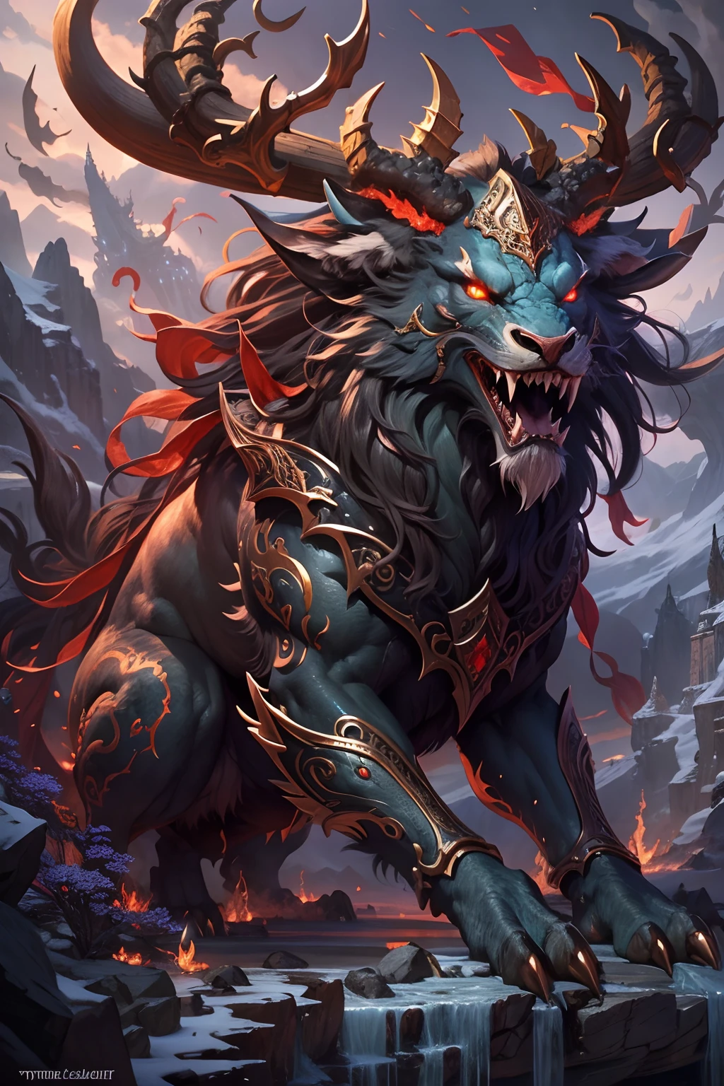 tmasterpiece，high high quality，high definition resolution，16k,realisticlying，(the mountains and the sea)，Evil monsters from hell，The demons，Ferocious，brutality，Old，Black-green scales，quadrupedal，deer antlers,mane hair,,Sharp claws,beast of prey，Fangs and sharp teeth，Sparkling red eyes，Gigantic body，full bodyesbian，Harnessing the flames，Use ice magic，Ice and fire magic，Chinese mythology，Oriental elements，Epic mythological fantasy，digital art fantasy，Ancient myths and legends，mythological creatures，Intricate fantasy illustrations, Detailed fantasy illustration, fantasy highly detailed, beautiful detailed fantasy, magic fantasy highly detailed, highly detailed fantasy art, epic rivendell fantasy, detailed fantasy digital art, detailed fantasy art