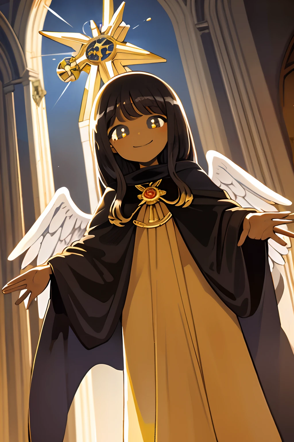 masterpiece, best quality, bright playful eyes, detailed pupils, god rays, sunbeam, inside a church, smiling, big smile, 1girl, solo focus, (Angel:1.2), halo, aura, magic, Yellow Eyes, (Dark Skinned Female:1.2), Long Religious Robes, Latin Cross