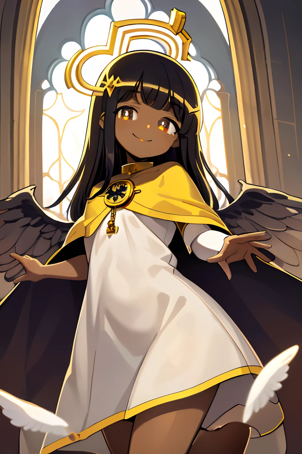 masterpiece, best quality, bright playful eyes, detailed pupils, god rays, sunbeam, inside a church, smiling, big smile, 1girl, solo focus, (Angel:1.2), halo, aura, magic, Yellow Eyes, (Dark Skinned Female:1.2), Long Religious Robes, Latin Cross