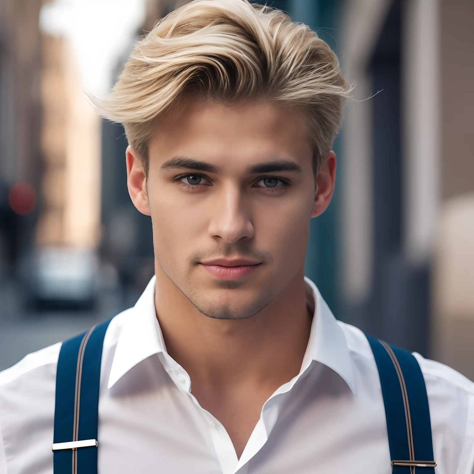 Blonde-haired man with suspenders and white shirt staring into the camera, long blonde hair swept back and blue eyes, Blonde and attractive features, homem jovem loiro, macho atraente, Homem magro com pele bronzeada clara, bonito rosto atraente, Jovem com rosto bonito, Macho bonito, jovem bonito, homem atraente, cara loiro, jovem atraente, bonito e atraente, rosto bonito perfeito, bonito impressionante realista, square jawline, rosto detalhado, Kevin Pabel 8k