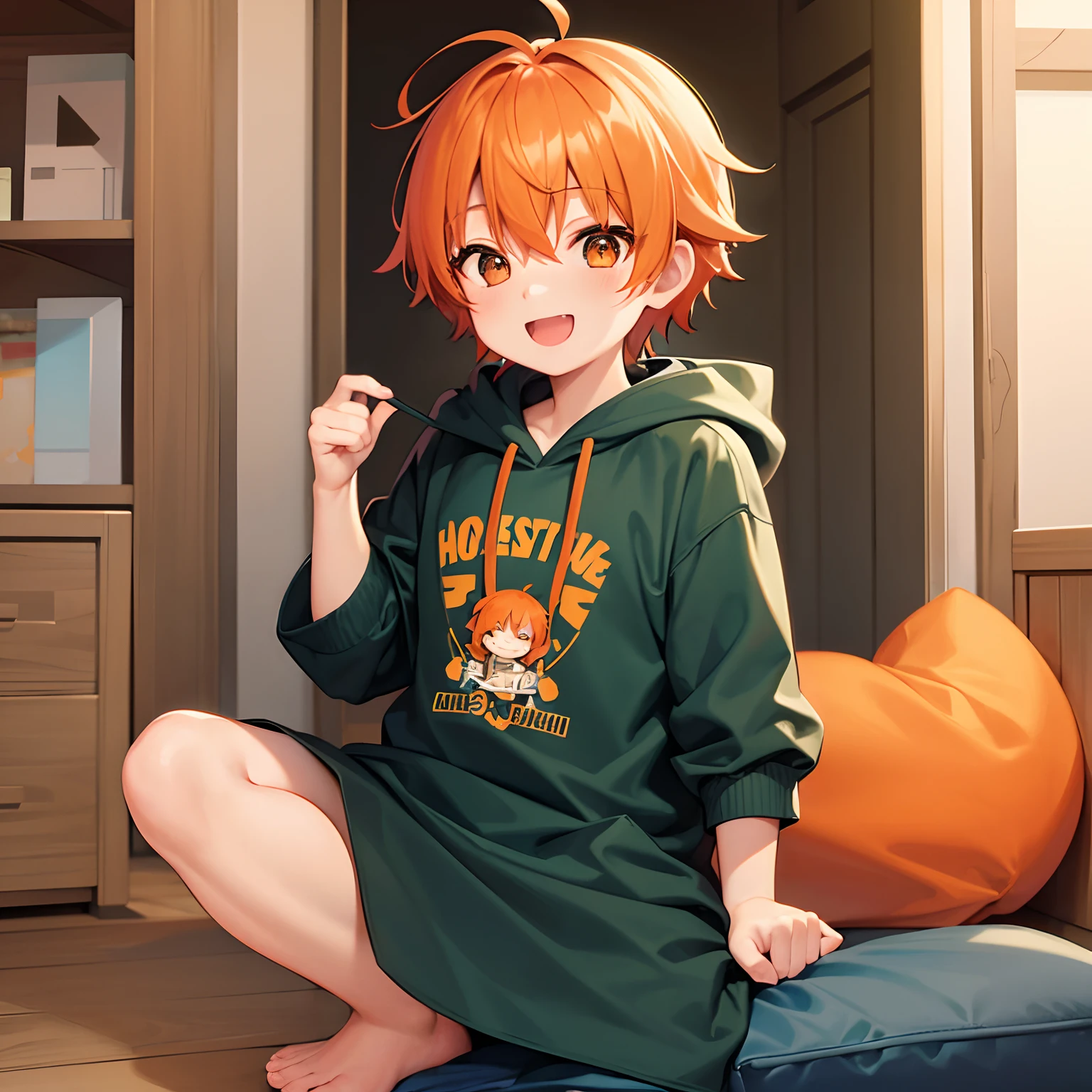Beautiful illustration、high-level image quality、Little boy、Orange hair、Wearing a hoodie、sano、Laughing