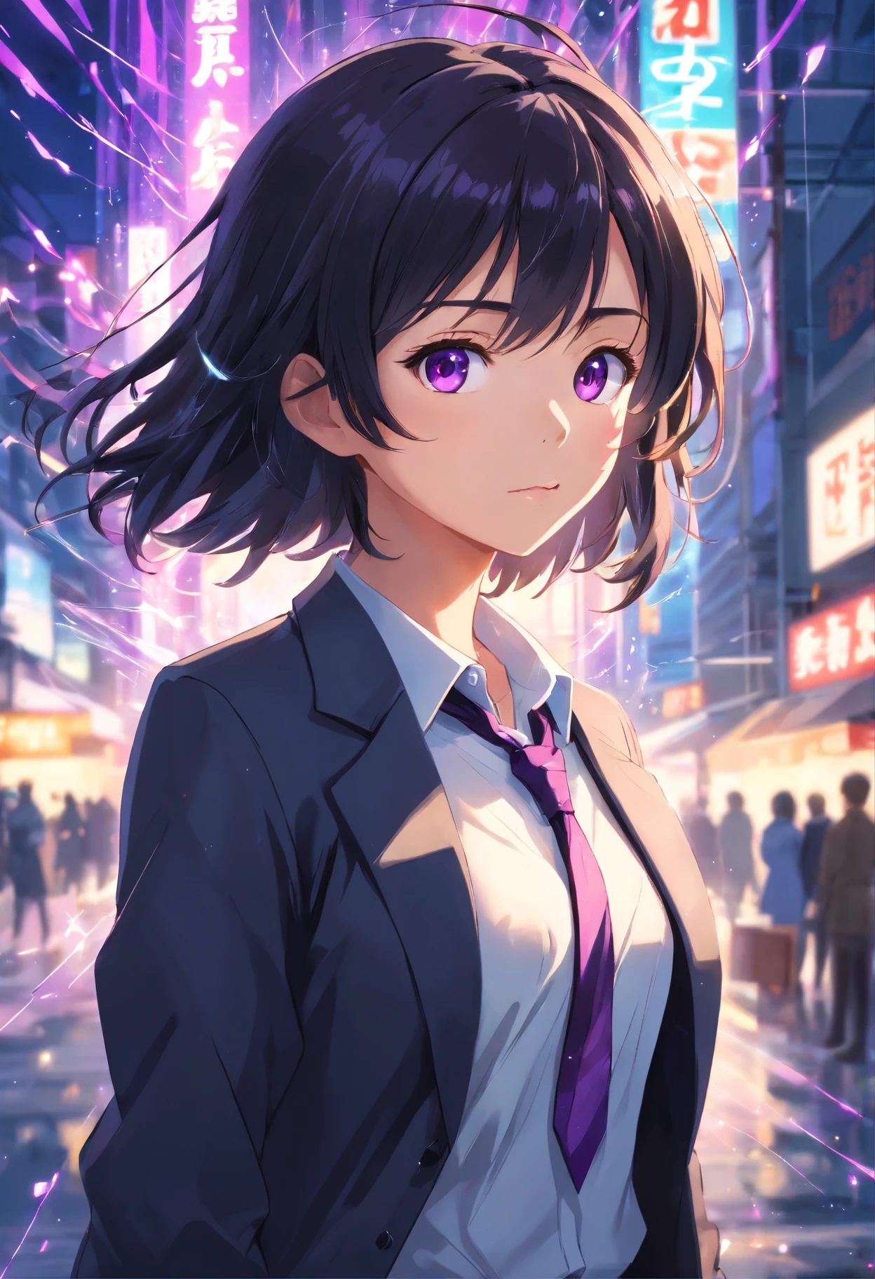 (masterpiece, best quality:1.3), (ultra-detailed:1.3), 1girl, solo, (black hair, messy hair, medium hair), large chest, purple eyes, (white shirt, black necktie, black coat, open coat), cowboy shot, cinematic lighting, (((glowing light particles))), (arms behind back), dynamic angle