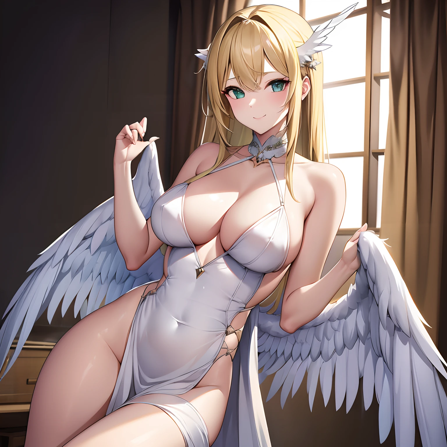 A female with white wings. She has blonde hair and bright green eyes. She wears a skimpy dress made from wolf fur. She smiles enticingly