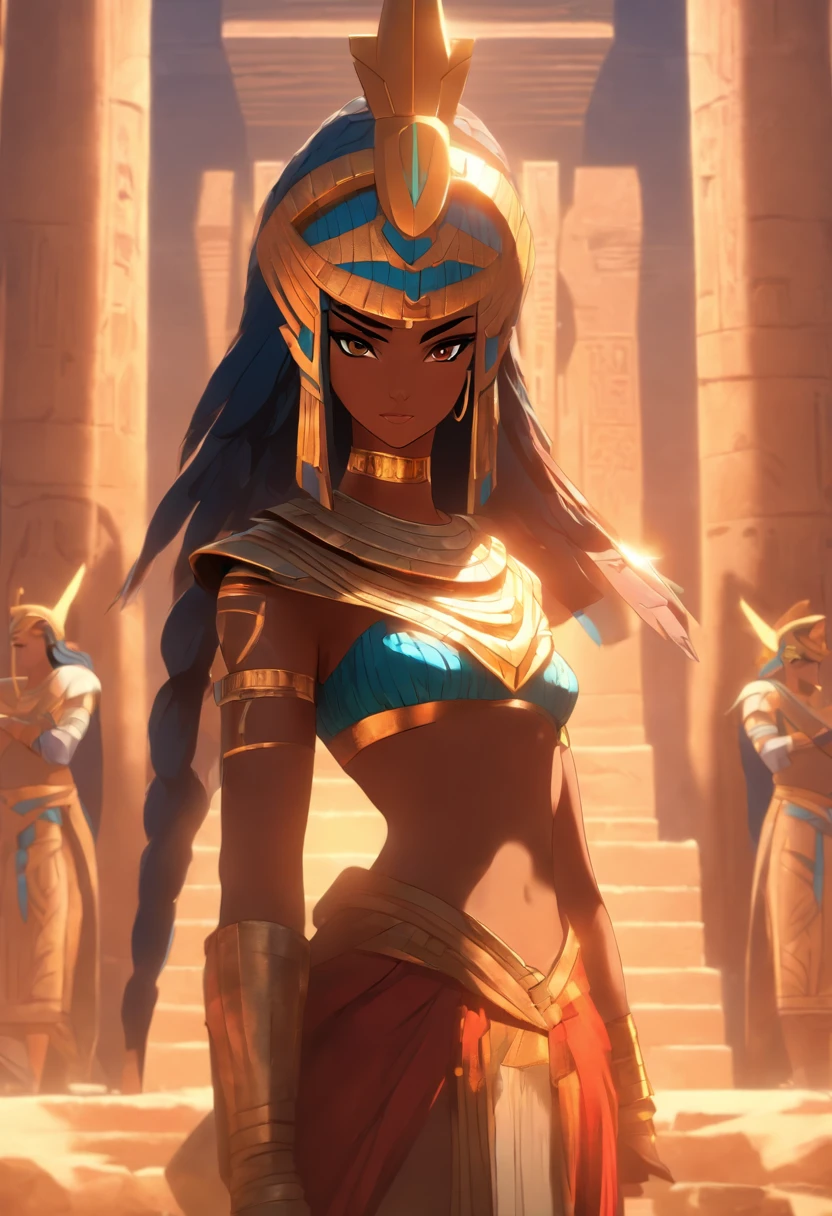 ((Neith with shield))) best quality, very high resolution, 4K detailed CG, masterpiece, Egyptian mythology, Neith, woman, shield, arrows, sun in the background, Ancient Egypt, standing pose, blue clothes, clothes Egyptians, Egyptian temple, desert, Ancient Egypt, ((standing pose)), Egyptian palace, aesthetics, beautiful image, centered on screen, full body