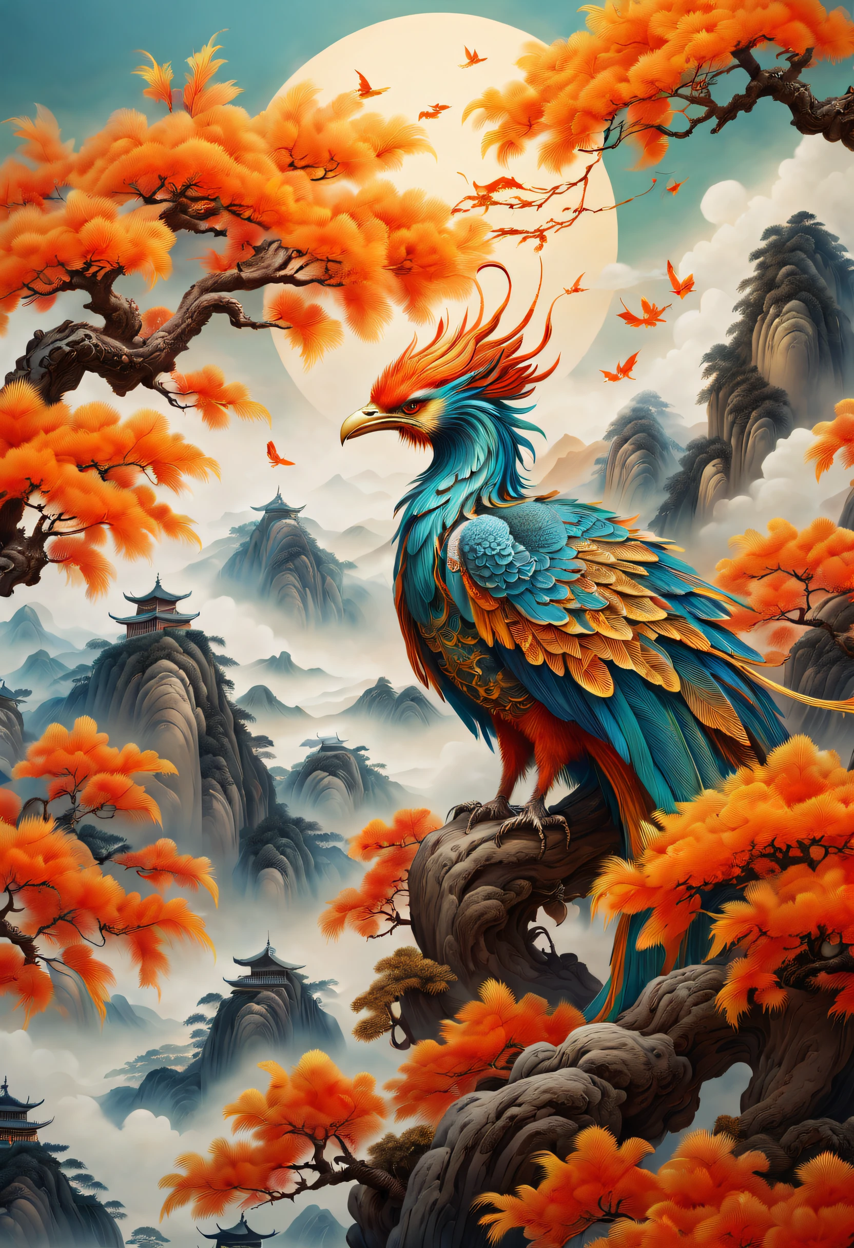 An ancient Chinese painting，There are glowing phoenixes on plane trees，fanciful，4K high quality and lifelike，mountain ranges， rios，Auspicious clouds，The feathers are colored，Dazzling，The long tail takes on colorful colors， super detailing， Epic composition， hyper HD， high qulity， extremely detaile， offcial art， 统一 8k 壁纸， super detailing， 32K