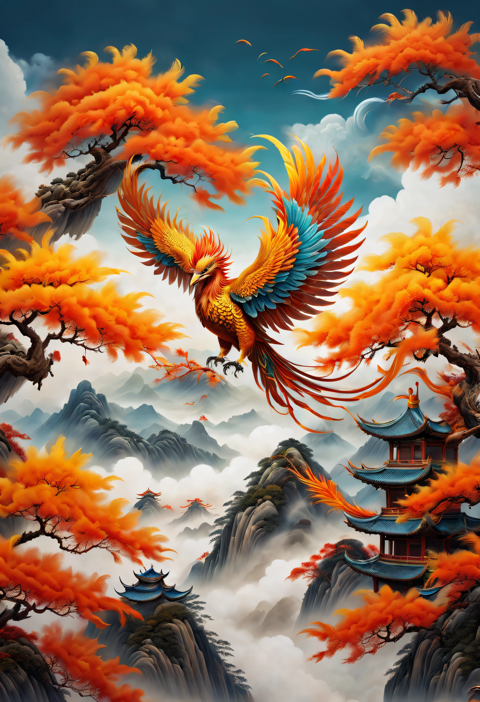 An ancient Chinese painting，There are glowing phoenixes on plane trees，fanciful，4K high quality and lifelike，mountain ranges， rios，Auspicious clouds，The feathers are colored，Dazzling，The long tail takes on colorful colors， super detailing， Epic composition， hyper HD， high qulity， extremely detaile， offcial art， 统一 8k 壁纸， super detailing， 32K