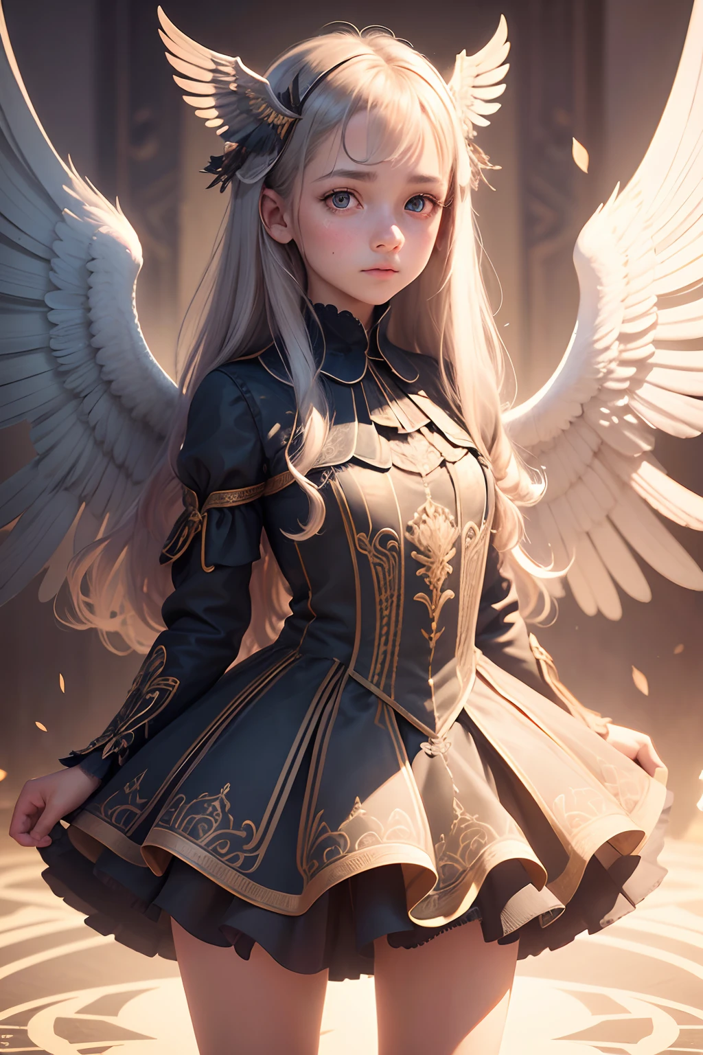 Highly detailed portrait of a girl with wings, symmetrical face, symmetrical eyes, looks into the camera, stunning photography, photorealistic, art station, soft pastel colours, highly detailed, intricate, path tracing, illustration, insanely detailed, shadow mapping volumetric light, specular lighting