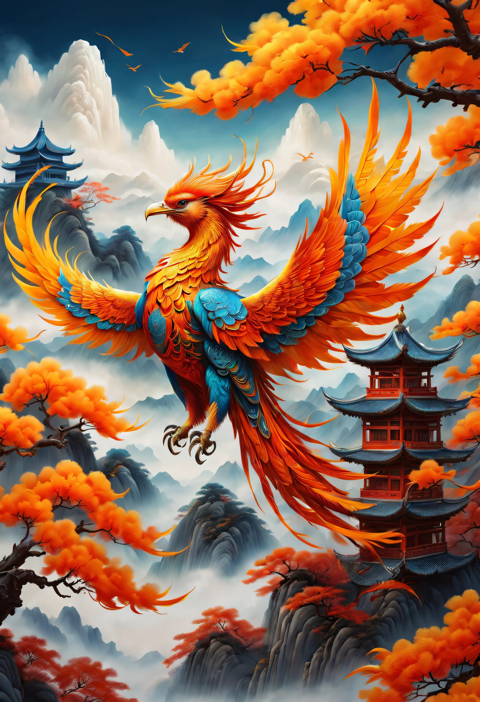 An ancient Chinese painting，There are glowing phoenixes on plane trees，fanciful，4K high quality and lifelike，mountain ranges， rios，Auspicious clouds，The feathers are colored，Dazzling，The long tail takes on colorful colors， super detailing， Epic composition， hyper HD， high qulity， extremely detaile， offcial art， 统一 8k 壁纸， super detailing， 32K