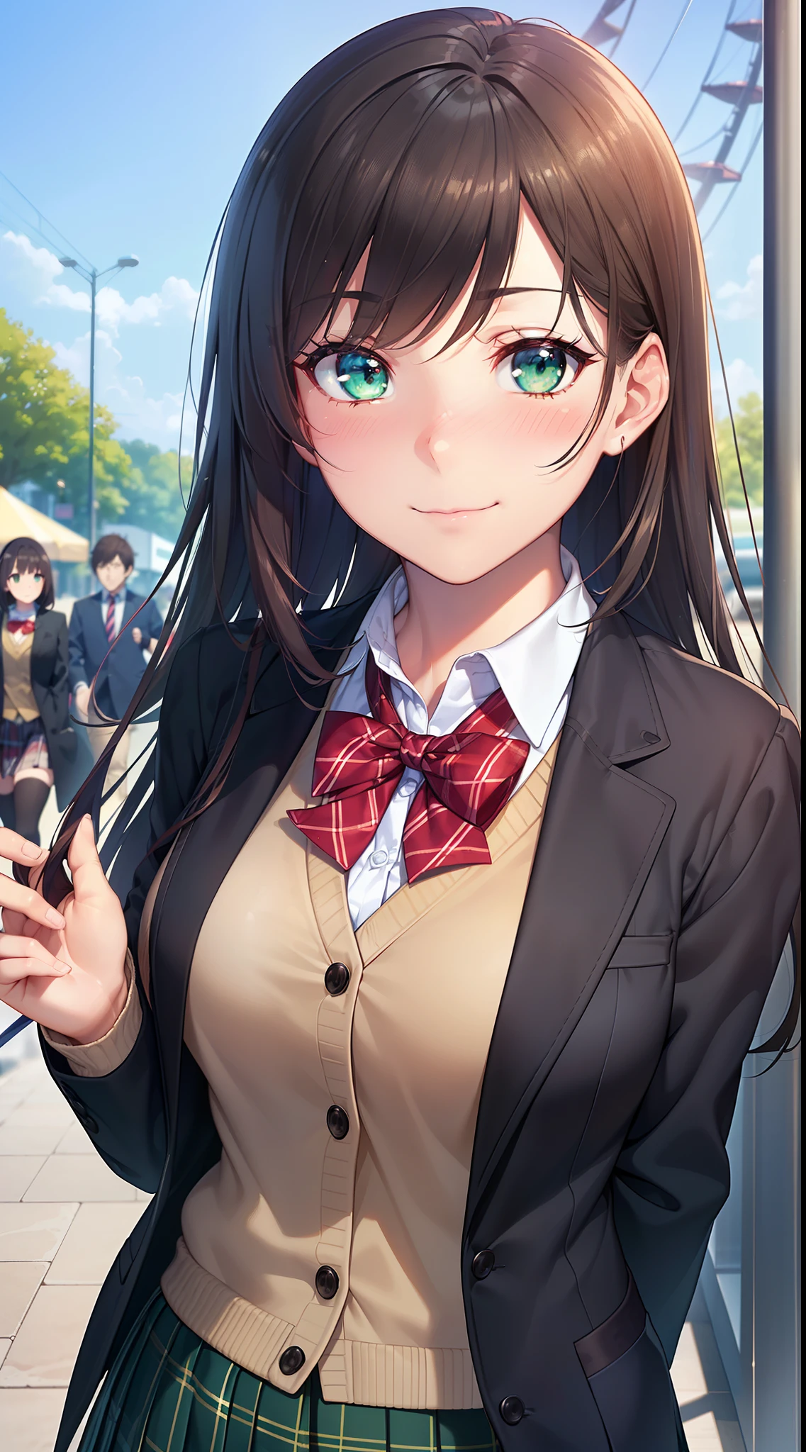 ((masutepiece, Best Quality, hight resolution, nffsw, Perfect Pixel, depth of fields, 4K, nffsw, nffsw))), 1girl in, Single, Solo, Beautiful anime girl, Beautiful Art Style, Anime Character, ((Long hair, Bangs, Black hair, Curly hair:0.8)), ((Green eyes:1.4, rounded eyes, Beautiful eyelashes, Realistic eyes)), ((Detailed face, Blushing:1.2)), ((Smooth texture:0.75, Realistic texture:0.65, Photorealistic:1.1, Anime CG style)), medium breasts, Dynamic Angle, Perfect body, ((Portrait, POV)), ((red bowtie, School uniform, Black jacket, Open jacket, Brown cardigan, White shirt, Black skirt, plaid skirts)), Smile, amusement park