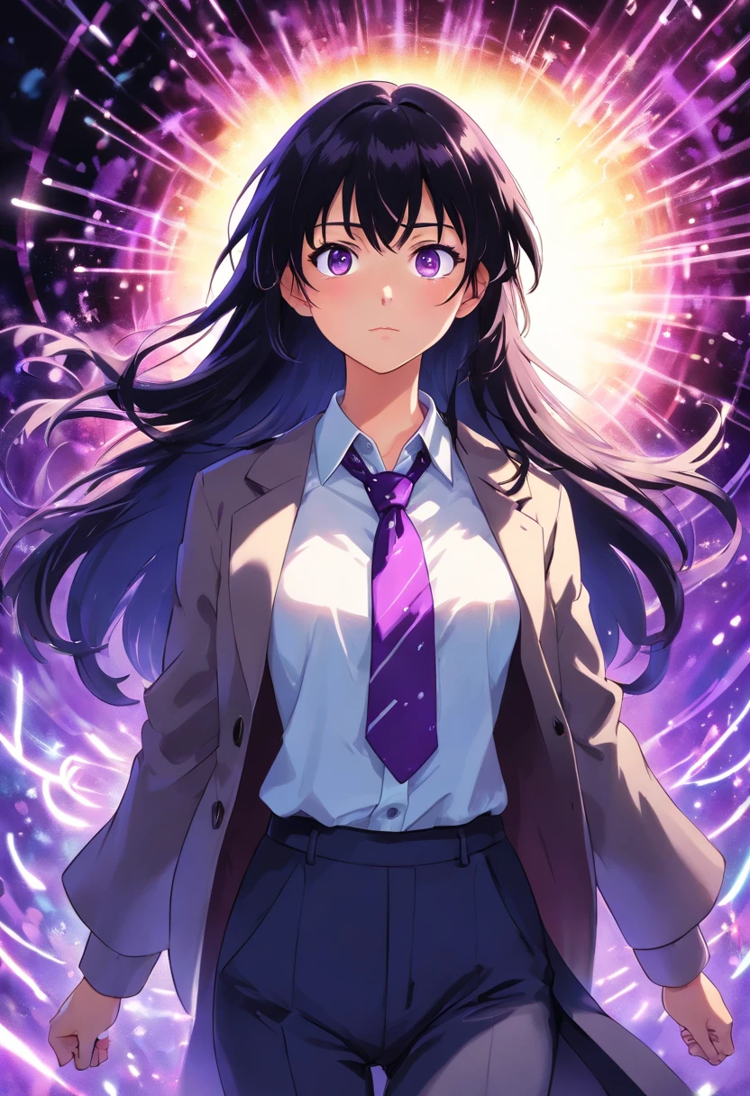 (masterpiece, best quality:1.3), (ultra-detailed:1.3), 1girl, solo, (black hair, messy hair, medium hair), large chest, purple eyes, (white shirt, black necktie, black coat, open coat), cowboy shot, cinematic lighting, (((glowing light particles))), (arms behind back), dynamic angle,