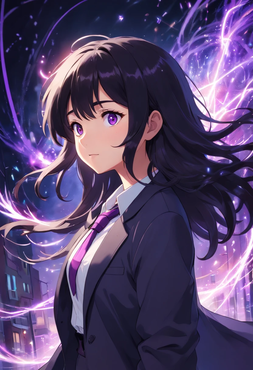 (masterpiece, best quality:1.3), (ultra-detailed:1.3), 1girl, solo, (black hair, messy hair, medium hair), large chest, purple eyes, (white shirt, black necktie, black coat, open coat), cowboy shot, cinematic lighting, (((glowing light particles))), (arms behind back), dynamic angle,