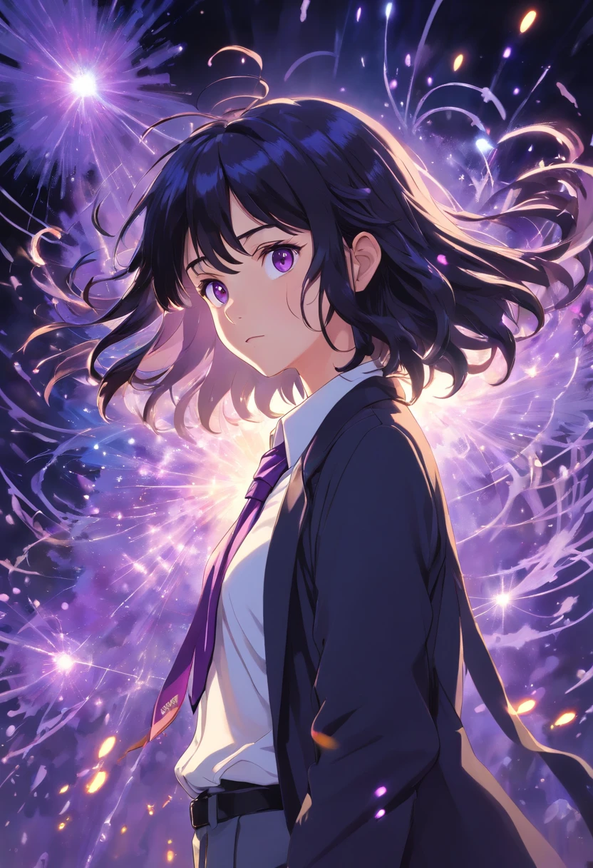 (masterpiece, best quality:1.3), (ultra-detailed:1.3), 1girl, solo, (black hair, messy hair, medium hair), large chest, purple eyes, (white shirt, black necktie, black coat, open coat), cowboy shot, cinematic lighting, (((glowing light particles))), (arms behind back), dynamic angle,