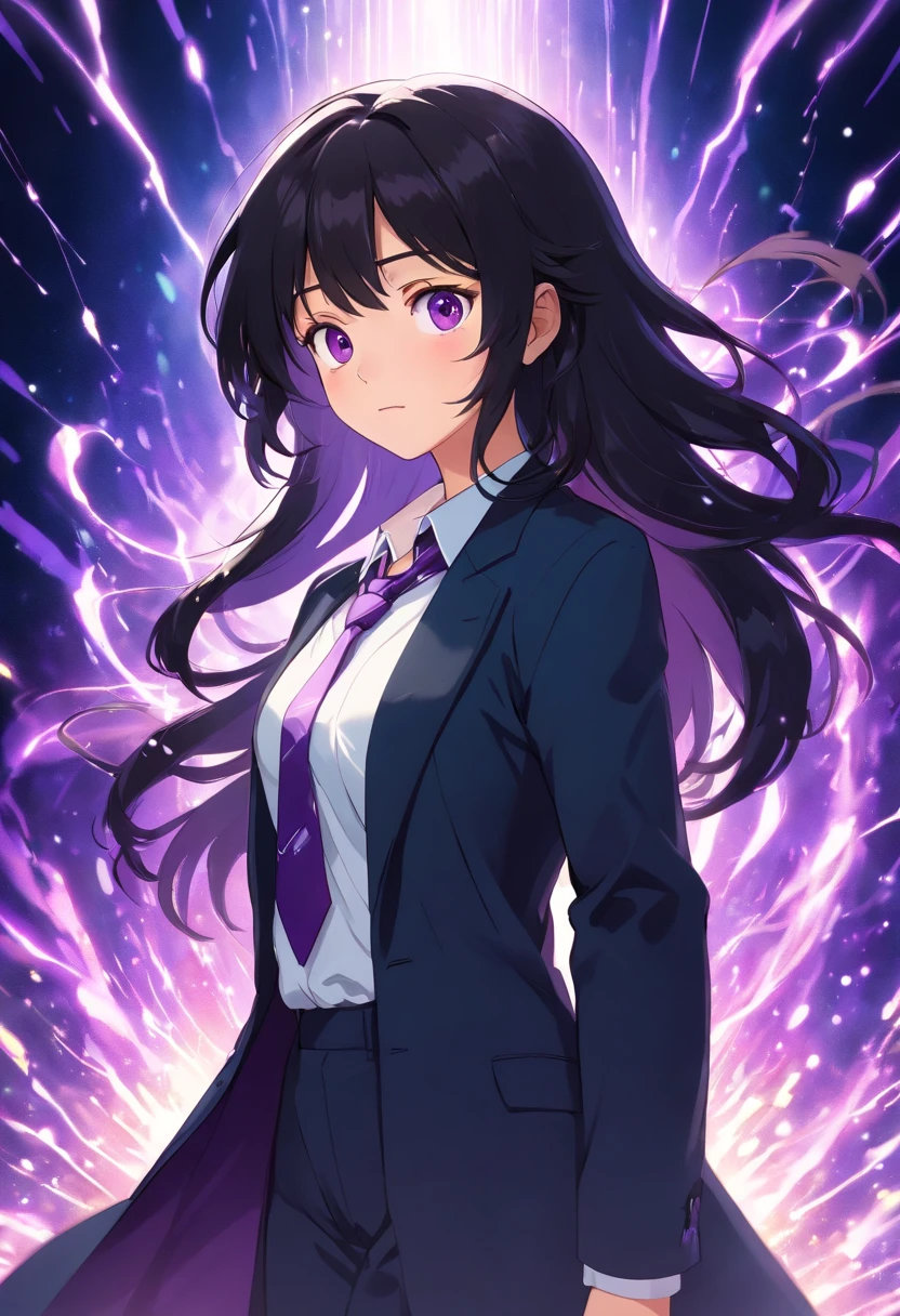 (masterpiece, best quality:1.3), (ultra-detailed:1.3), 1girl, solo, (black hair, messy hair, medium hair), large chest, purple eyes, (white shirt, black necktie, black coat, open coat), cowboy shot, cinematic lighting, (((glowing light particles))), (arms behind back), dynamic angle,