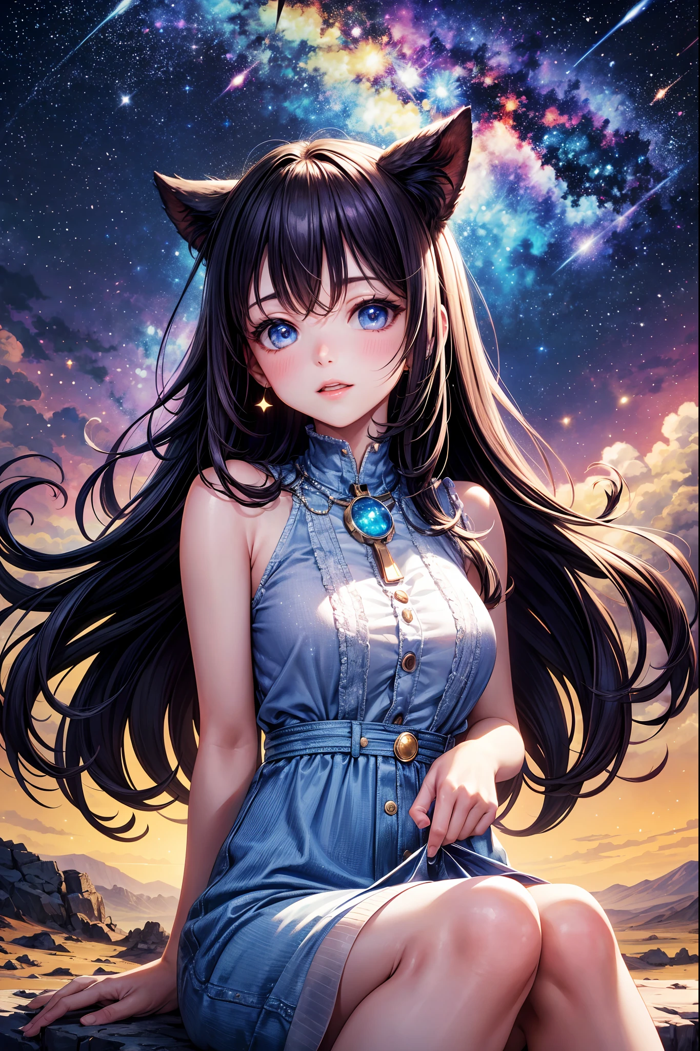 High detail, super detail, super high resolution, girl enjoying her time in the dream galaxy, surrounded by stars, warm light sprinkled on her, background is starry sky with colorful galaxies and galaxy clouds, stars flying around her, delicate face, adding playful atmosphere ,