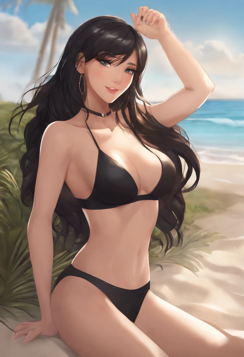 ((black bikini)), black hair, gray eyes, tan skin, cameltoe, ((human)), ((teen)), ((1girl)), high quality best quality, detailed background, detailed body, detailed eyes, shimmering eyes, sparkling eyes, looking at viewer, blush, flirting, teasing, cute, couple, ((full body)), smile, 
 highres, 4k, 8k, (detailed skin), standing