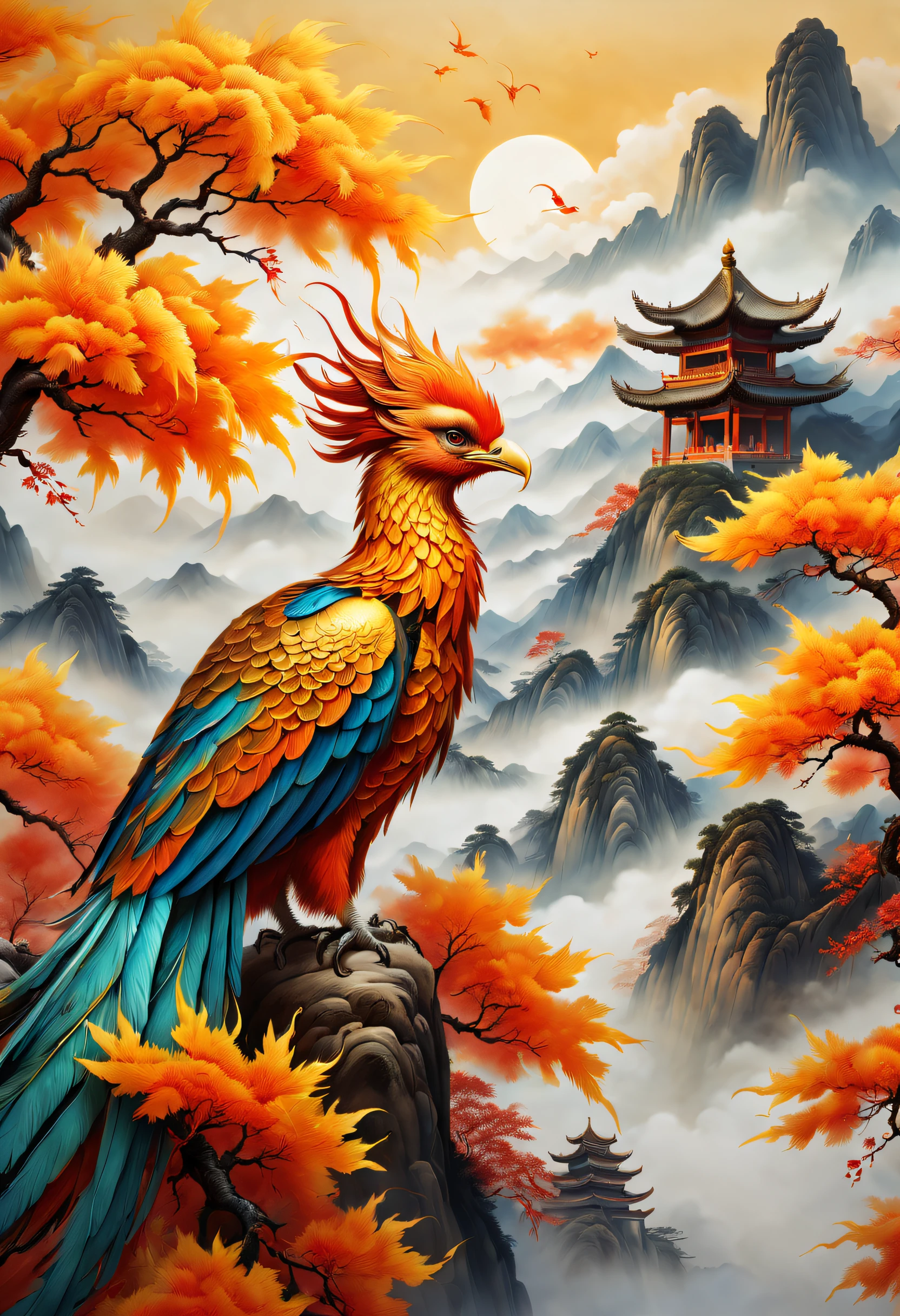 An ancient Chinese painting，There are glowing phoenixes on plane trees，fanciful，4K high quality and lifelike，mountain ranges， rios，Auspicious clouds，The feathers are colored，Dazzling，The long tail takes on colorful colors， super detailing， Epic composition， hyper HD， high qulity， extremely detaile， offcial art， 统一 8k 壁纸， super detailing， 32K