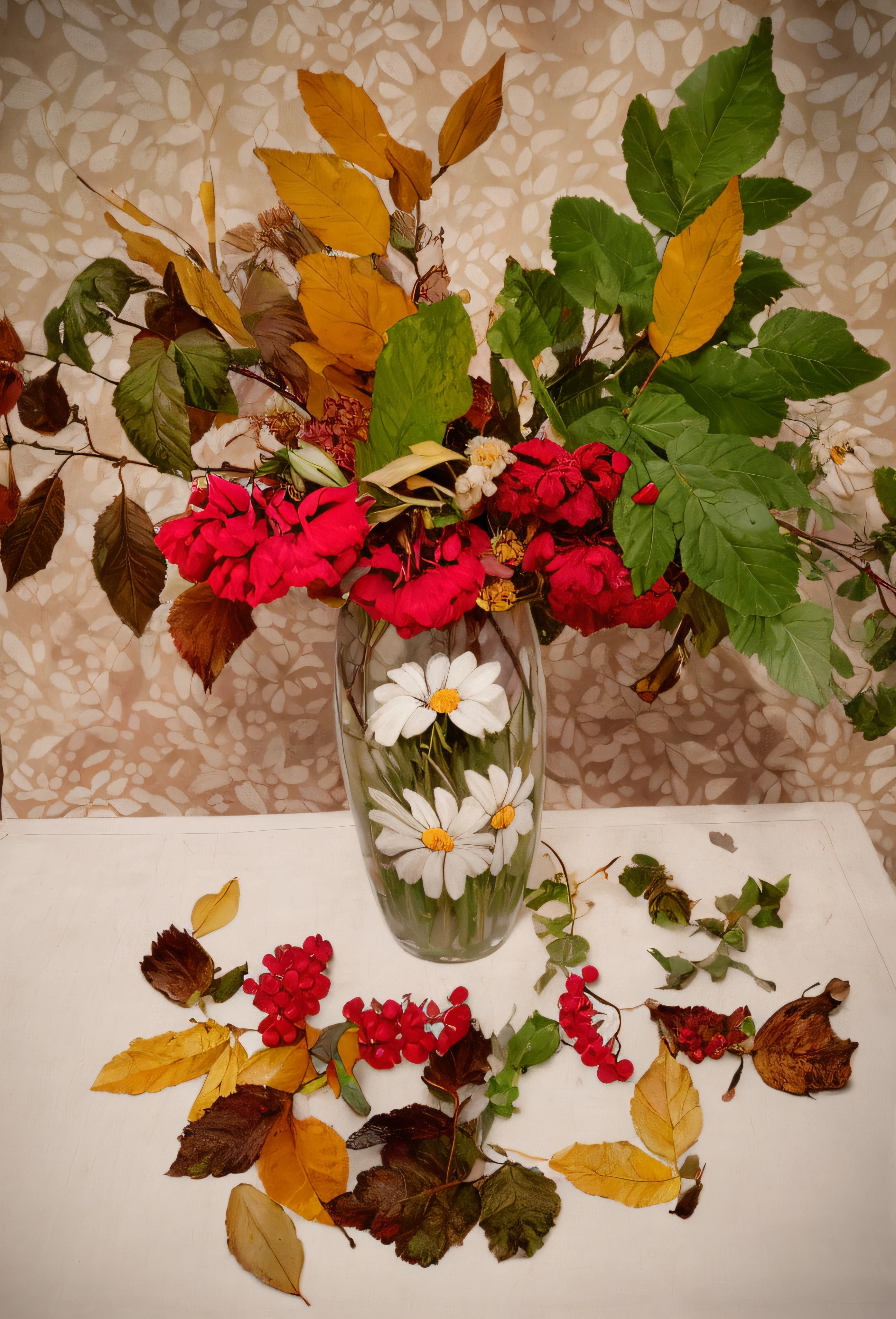There is a vase of flowers and leaves on the table, From flowers and berries, The beginning of autumn, 1614572159, by Maksimilijan Vanka, Miroslava Sviridova, Decorated with flowers, autum, Vase of flowers, Žuža Mate, Nature and floral aesthetics