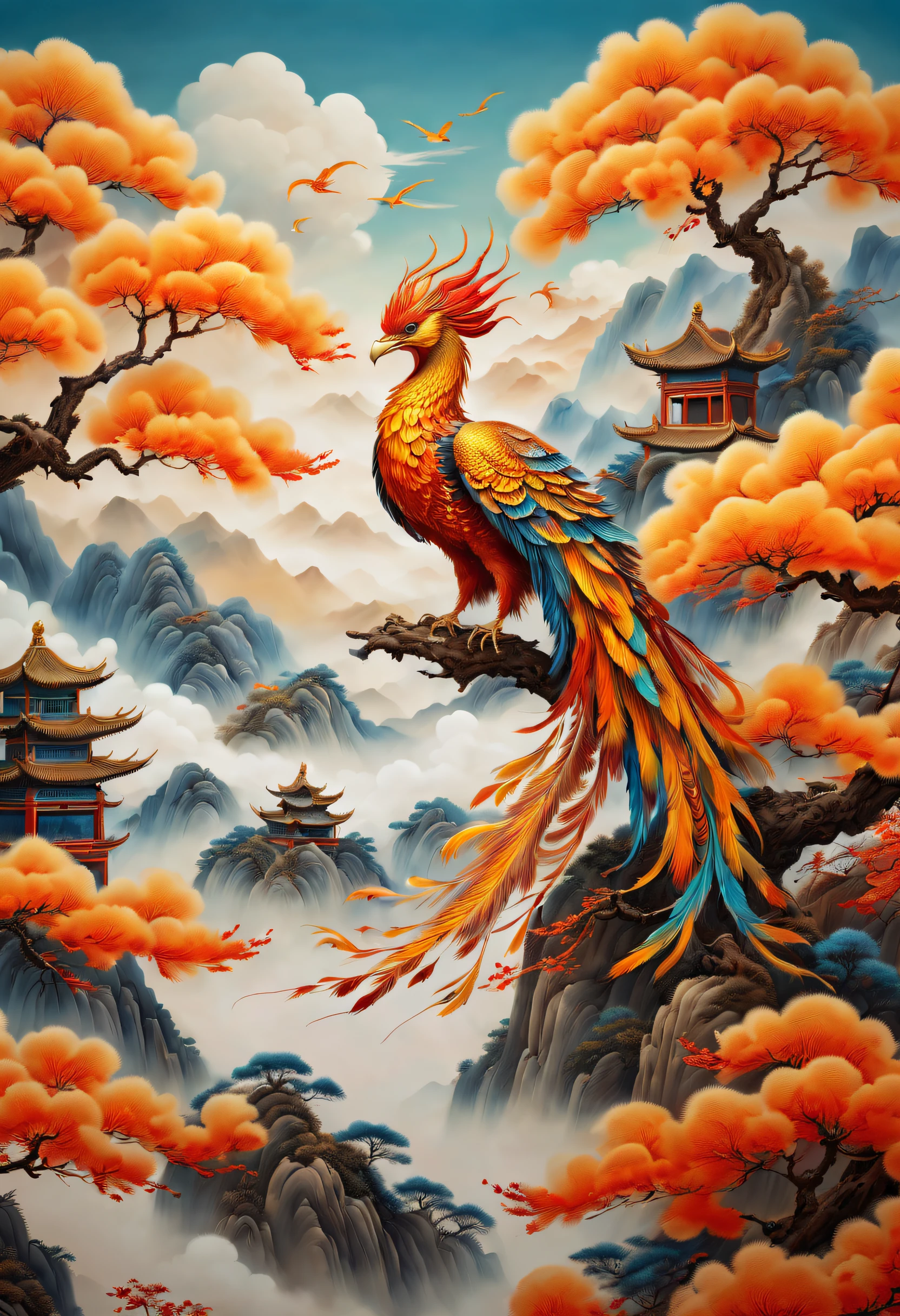 An ancient Chinese painting，There are glowing phoenixes on plane trees，fanciful，4K high quality and lifelike，mountain ranges， rios，Auspicious clouds，The feathers are colored，Dazzling，The long tail takes on colorful colors， super detailing， Epic composition， hyper HD， high qulity， extremely detaile， offcial art， 统一 8k 壁纸， super detailing， 32K