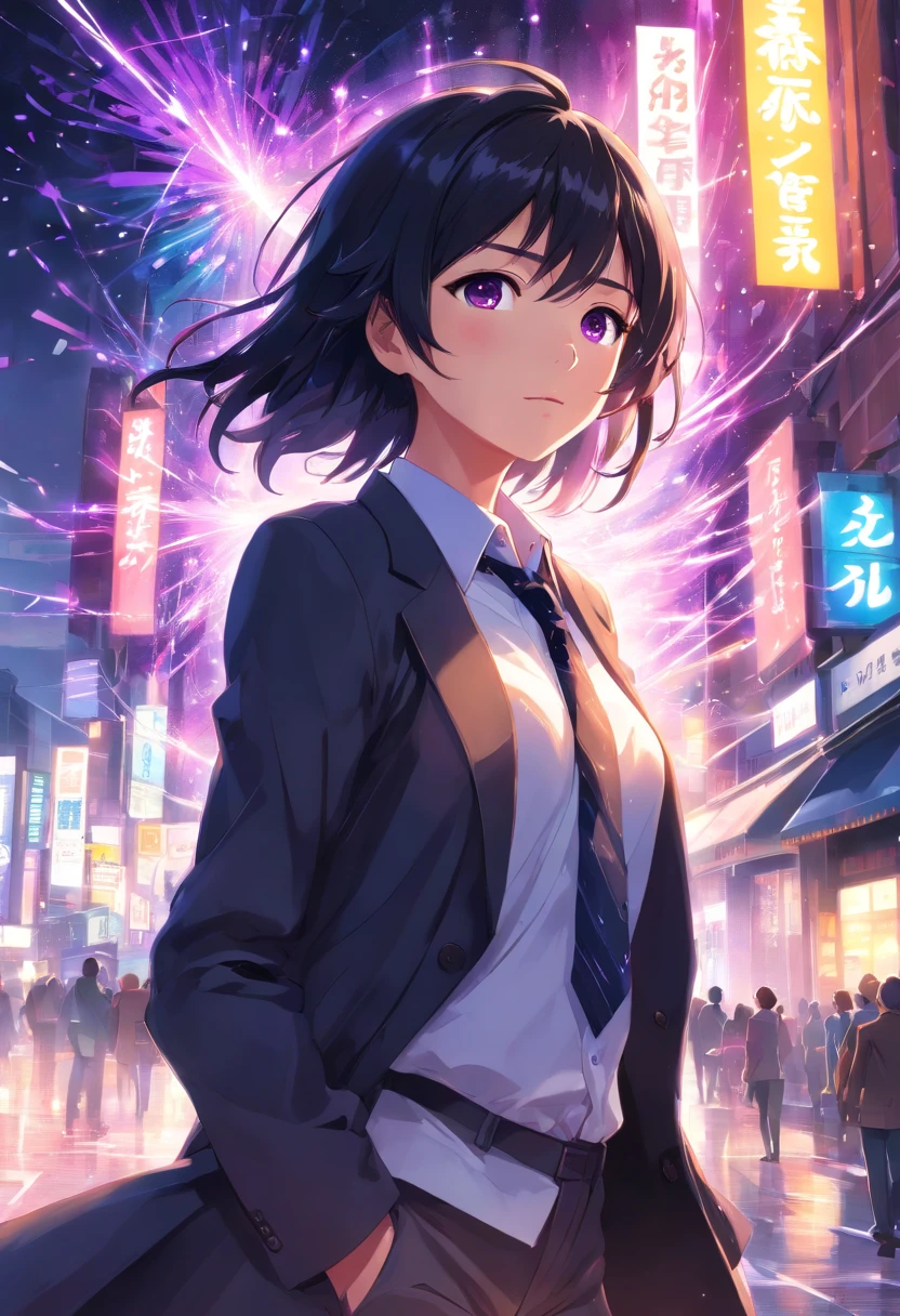 (masterpiece, best quality:1.3), (ultra-detailed:1.3), 1girl, solo, (black hair, messy hair, medium hair), large chest, purple eyes, (white shirt, black necktie, black coat, open coat), cowboy shot, cinematic lighting, (((glowing light particles))), (arms behind back), dynamic angle, burning city