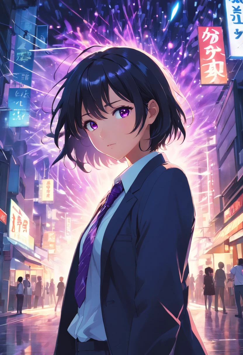 (masterpiece, best quality:1.3), (ultra-detailed:1.3), 1girl, solo, (black hair, messy hair, medium hair), large chest, purple eyes, (white shirt, black necktie, black coat, open coat), cowboy shot, cinematic lighting, (((glowing light particles))), (arms behind back), dynamic angle, burning city