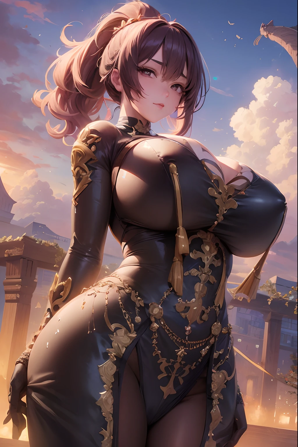 chica anime con un vestido negro con un ribete dorado y un gran pecho, Arte detallado de alta calidad 8K, Artgerm extremadamente detallado, Arte detallado del anime digital, Hermosa y seductora mujer de anime, Diosa del anime, Cushart Krenz Key Art Femenino, Impacto de Ayaka Genshin, ilustraciones detalladas del anime, Guweiz en Artstation Pixiv
