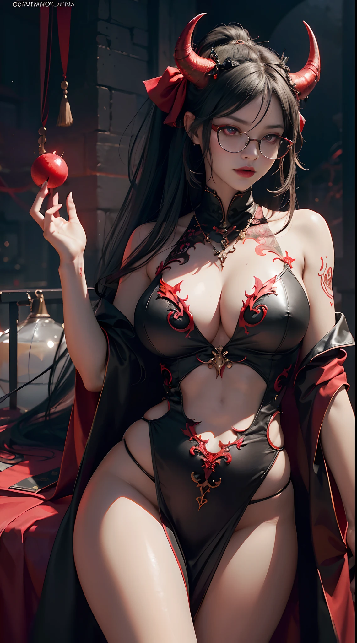 Fine、(The best illustrations)、8k UHD resolution、intricate-detail、top-quality、realisitic、ultra-detailliert、The best lighting、Best Shadows、Soft lighting、Ulutra HD、1 beautiful devil woman from hell, surreal female portraits by David Hockney and Alphonse Mucha, Fantasy Art, Chinese Doll、Dungeon and Dragon、Devil's Palace、Devil's Torture Chamber、magia、 A Necromancer、natta、Dark style、Succubus、Devil's Daughter、Bat Wings,(((Demon Horns)))、((((black-rimmed round glasses))))、(((Colossal tits)))、(Devil's Tail)、(red eyes glowing:1.6)、 intricate tattoos, demonic intricate tattoos, thigh tattoos, body tattoos, masterpiece、beautiful countenance、Muscular seductive body、The enchanting body of the devil、Seductive Black Magic Costume、Shiny red tentacles wrapped around her hand、Tindall Effect、photos realistic、(High Detail Skins:1.2)、 (Intricate details, makeup, pureerosface_v1:0.5), (Detailed beautiful delicate face, Detailed beautiful delicate eyes, A perfectly proportioned face, High detailed skin, Detailed skin, best ratio four finger and one thumb, arms below breasts, Tattoo with a red glow under the stomach、Awesome awesome, wide hips, smooth midriff, skiny and thin, __Fashion__, __hair__:1.25)、Digital SLR、hightquality、a picture、hight resolution、 absurderes、Ponytail distortion、1人、Red sparkling gemstone necklace、jewely、Beautiful expression、Body Up、Large breasts emphasis、Toned waist、Wide buttocks、Devil's Tail、intricate tattoos, demonic intricate tattoos, thigh tattoos, body tattoos, effect、Photorealsitic、(High Detail Skins:1.2)、In the Dark, lowkey, cowboy lens, (Black Phoenix Dress: 1.0), Seductive Black Magic Costume、Long hair, Black hair, Bust, Devil's Palace, devil crown, red eyes make up very sharp and detailed, The most beautiful face, Super tight breasts, Breast augmentation surgery, The breasts are very big and round and round, Black magic costume、Super realistic , Charming smile, The eyes are very well made up, ((Red Eye:1.0)), guweiz, devil style,Muscular seductive body、 wearing black me