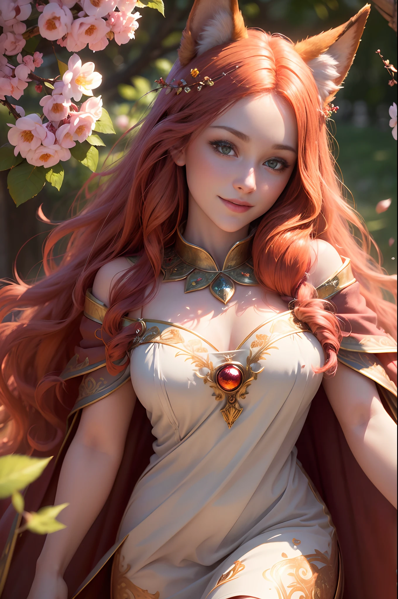 (best quality,4k,8k,highres,masterpiece:1.2),ultra-detailed,(realistic,photorealistic,photo-realistic:1.37),feminine beauty,glowing eyes,long red hair,detailed fox ears,flowing cape,leafy surroundings,floating cherry blossoms,dreamy atmosphere,whimsical lighting,wisps of magic,charming smile,graceful pose].