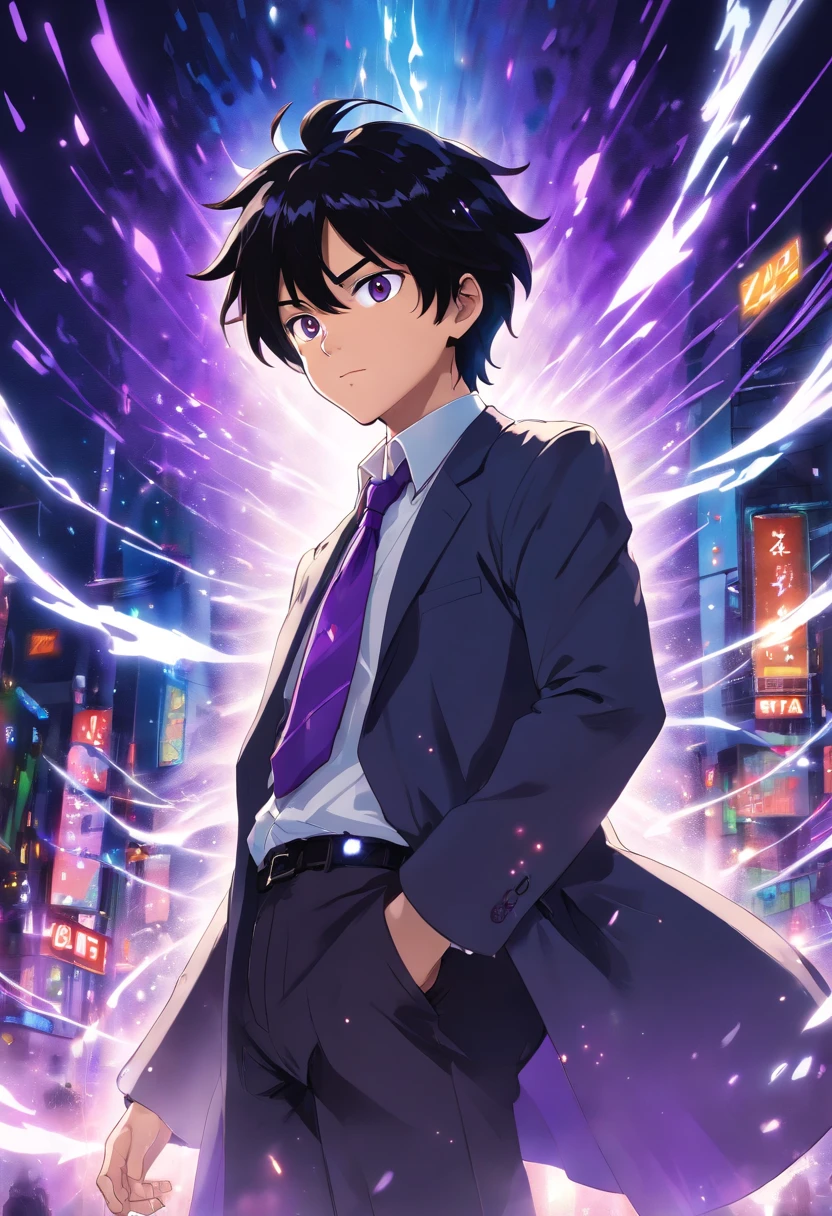 (masterpiece, best quality:1.3), (ultra-detailed:1.3), 1man, solo, (black hair, messy hair, medium hair), purple eyes, (white shirt, black necktie, black coat, open coat), cowboy shot, cinematic lighting, (((glowing light particles))), (arms behind back), dynamic angle,