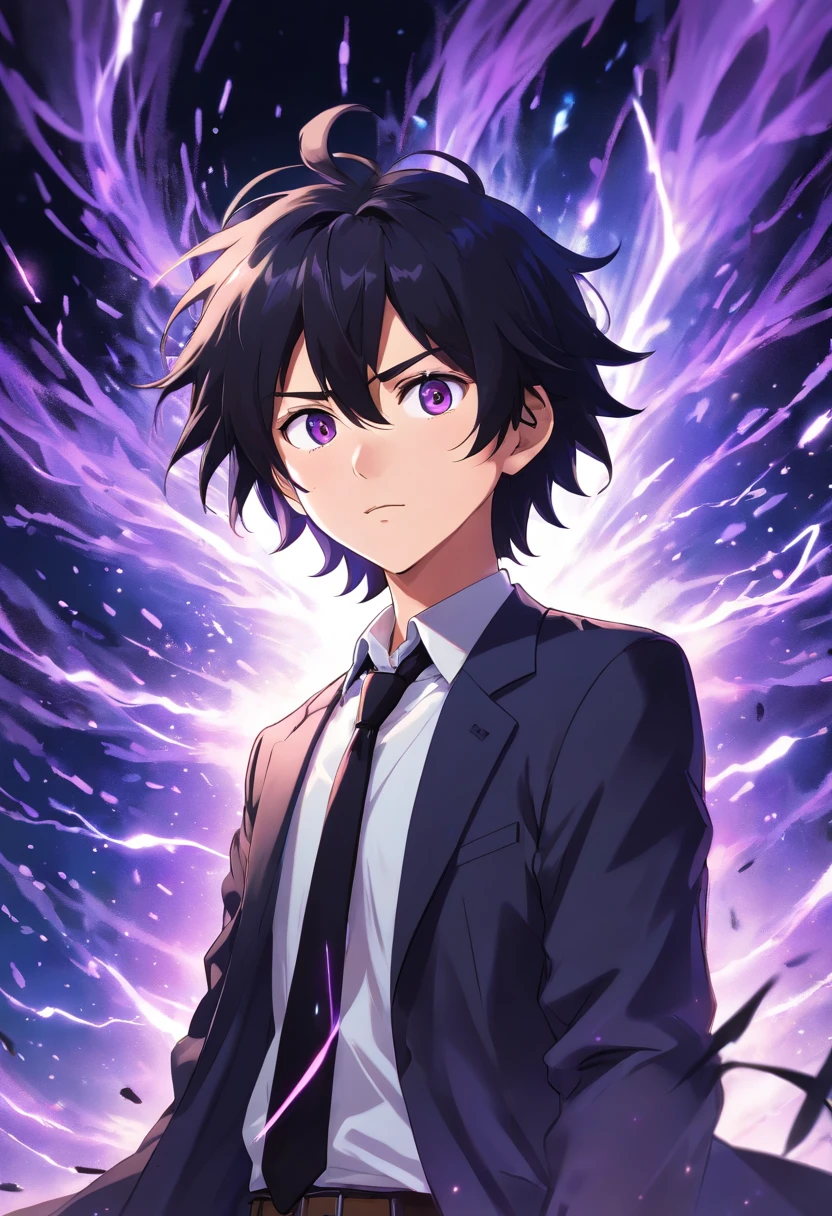 (masterpiece, best quality:1.3), (ultra-detailed:1.3), 1man, solo, (black hair, messy hair, medium hair), purple eyes, (white shirt, black necktie, black coat, open coat), cowboy shot, cinematic lighting, (((glowing light particles))), (arms behind back), dynamic angle,