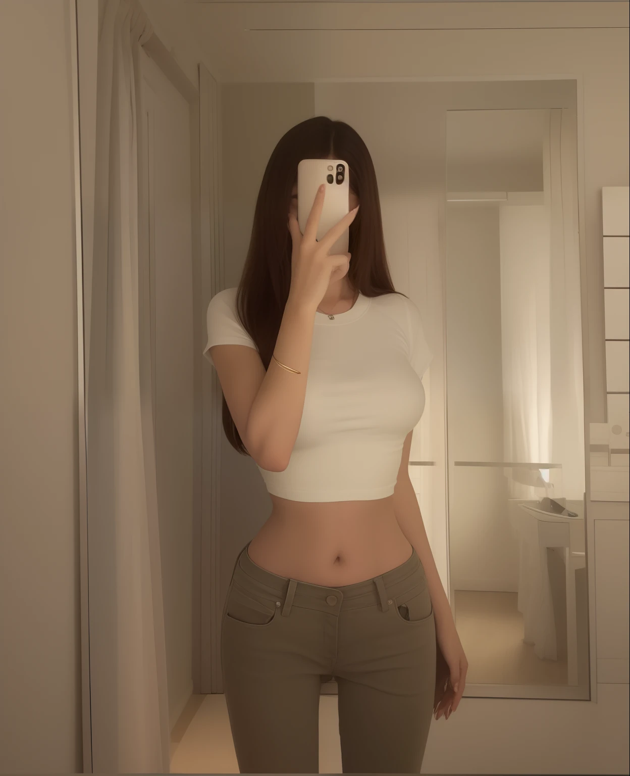 araffe woman taking a selfie in a mirror in a room, wearing sexy cropped top, skinny waist and thick hips, Thin waist, Slender waist, wearing tight simple clothes, Slim waist, Her navel was exposed, she has a jiggly fat round belly, with ripped crop t - shirt, big breasts thin waist, big breasts thin waist