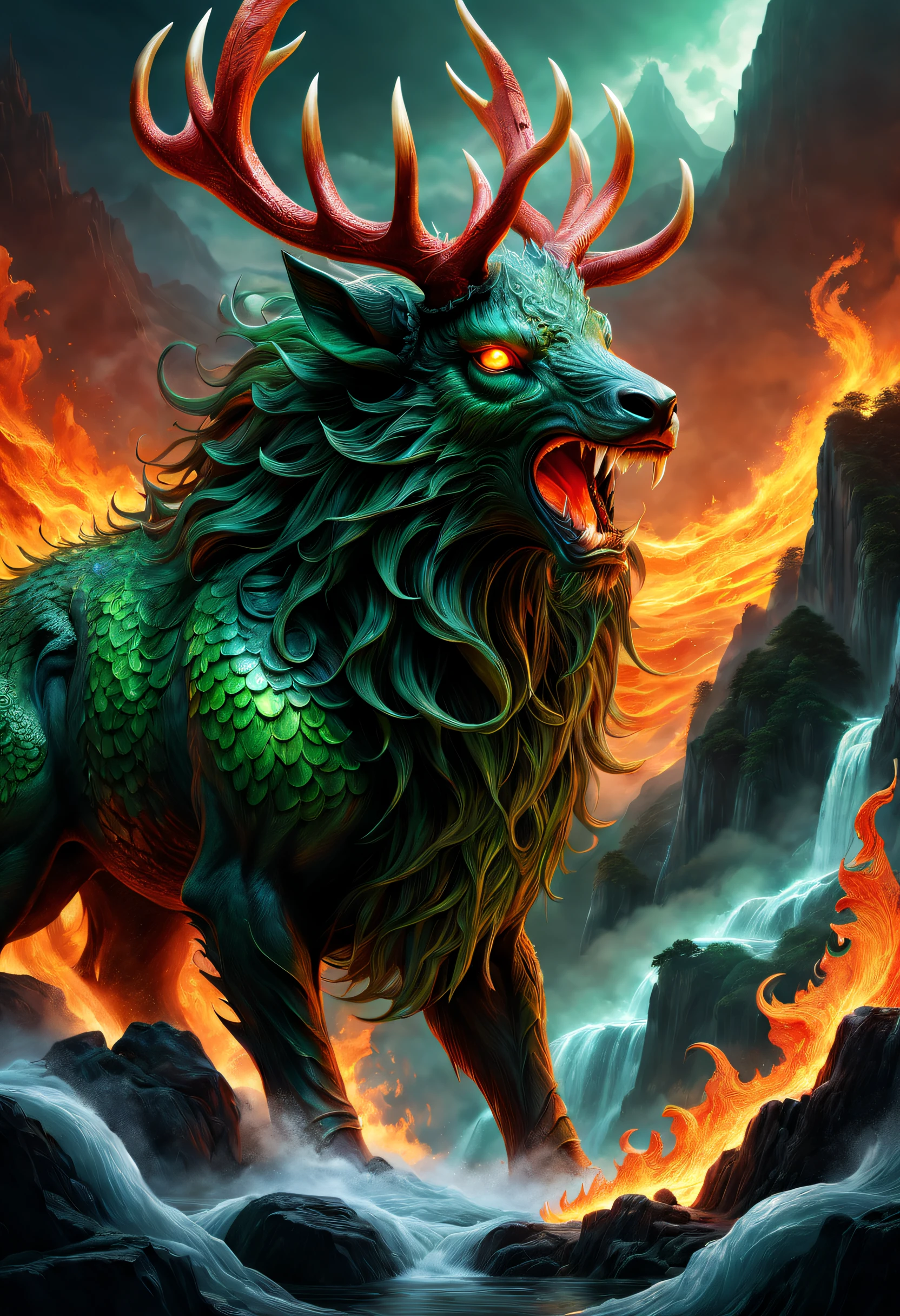 tmasterpiece，high high quality，high definition resolution，16k,realisticlying，(the mountains and the sea)，Evil monsters from hell，The demons，Ferocious，brutality，Old，Black-green scales，quadrupedal，deer antlers,mane hair,,Sharp claws,beast of prey，Fangs and sharp teeth，Sparkling red eyes，Gigantic body，full bodyesbian，Harnessing the flames，Use ice magic，Ice and fire magic，Chinese mythology，Oriental elements，Epic mythological fantasy，digital art fantasy，Ancient myths and legends，mythological creatures，Intricate fantasy illustrations, Detailed fantasy illustration, fantasy highly detailed, beautiful detailed fantasy, magic fantasy highly detailed, highly detailed fantasy art, epic rivendell fantasy, detailed fantasy digital art, detailed fantasy art