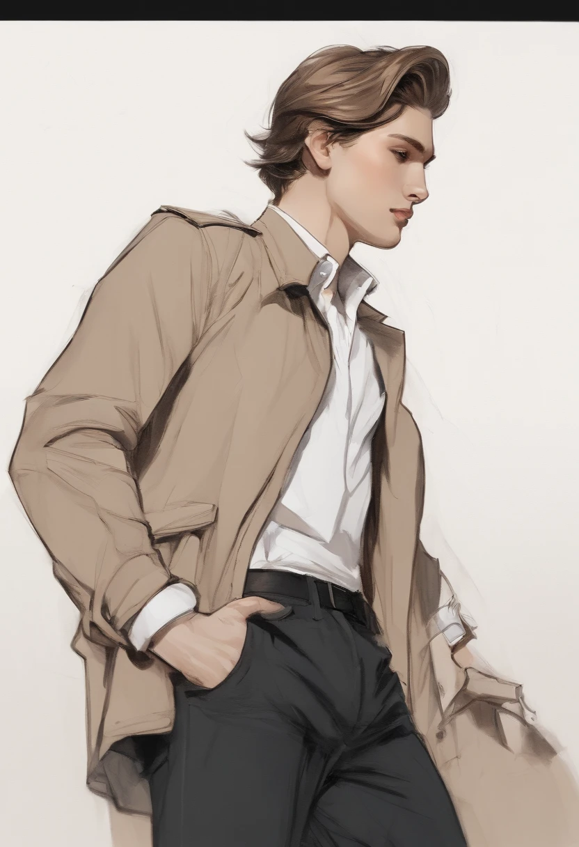 Sketchbook Style, Sketch book, hand drawn, realistic sketch, Rough sketch, mix of bold dark lines and loose lines, bold lines, on paper, turnaround character sheet, masterpiece, best quality, 4k, sharp focus. Better hand, perfect anatomy. by With Design In Mind, boy, , in a brown jacket and black shirt, male model, profile shot, inspired by Adrian Zingg, style of Greg Rutkowski, Paul Atreides, handsome young man, by Alexander Robertson, editorial model, well-groomed model, by John Murdoch, by Andrew Bell, beautiful young model, christian symbols, christian, cross, Fish symbol Christian, Alpha and Omega symbols, runes