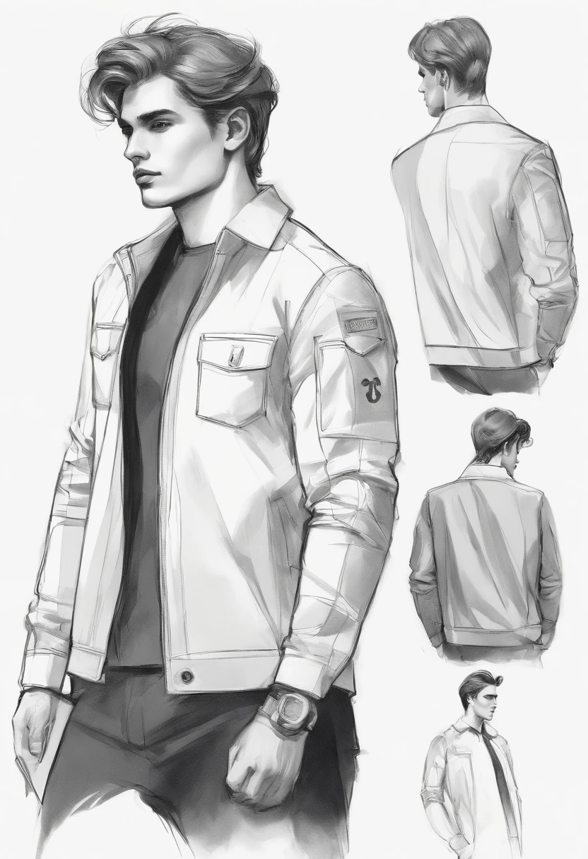 Sketchbook Style, Sketch book, hand drawn, realistic sketch, Rough sketch, mix of bold dark lines and loose lines, bold lines, on paper, turnaround character sheet, masterpiece, best quality, 4k, sharp focus. Better hand, perfect anatomy. by With Design In Mind, boy, , in a brown jacket and black shirt, male model, profile shot, inspired by Adrian Zingg, style of Greg Rutkowski, Paul Atreides, handsome young man, by Alexander Robertson, editorial model, well-groomed model, by John Murdoch, by Andrew Bell, beautiful young model, christian symbols, christian, cross, Fish symbol Christian, Alpha and Omega symbols, runes