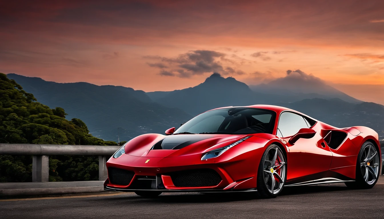 (best quality, 8k, master part :1.2), hyper realistic, uma Ferrari 488 vermelha em uma montain na cidade do Rio de Janeiro Brasil, O Cristo Redentor em segundo plano, uma menina de cabelo castanho bonito olhando para a paisagem, beautiful buildings