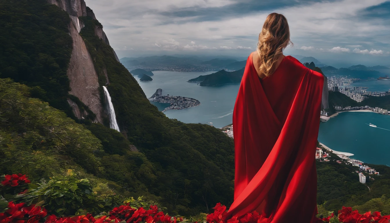 (best quality, 8k, master part :1.2), hyper realistic, uma Ferrari 488 vermelha em uma montain na cidade do Rio de Janeiro Brasil, O Cristo Redentor em segundo plano, uma menina de cabelo castanho bonito olhando para a paisagem, beautiful buildings