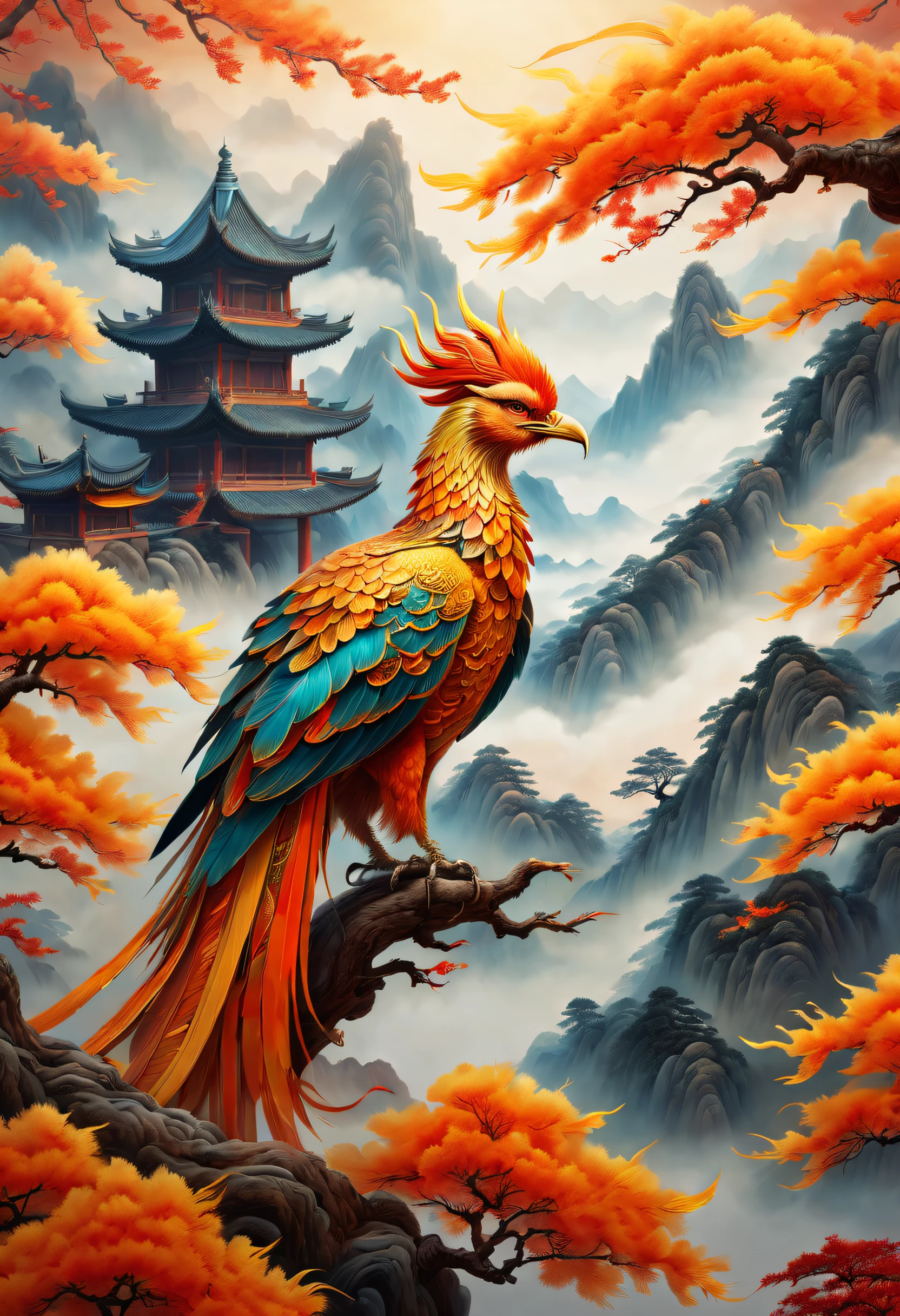 An ancient Chinese painting，There are glowing phoenixes on plane trees，fanciful，4K high quality and lifelike，mountain ranges， rios，Auspicious clouds，The feathers are colored，Dazzling，The long tail takes on colorful colors， super detailing， Epic composition， hyper HD， high qulity， extremely detaile， offcial art， 统一 8k 壁纸， super detailing， 32K