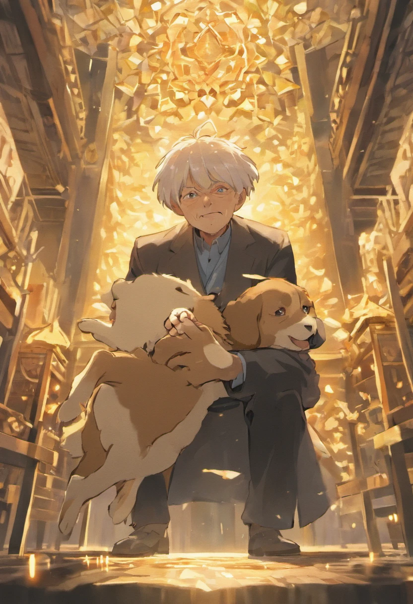 old man, um pouco de gordura. Owner welcoming his dog in heaven. Receiving in Paradise.