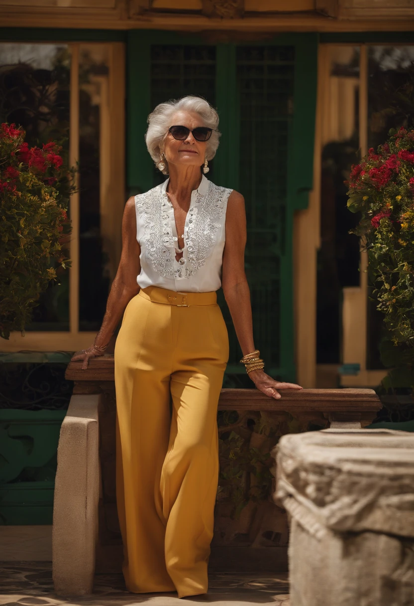 Uma senhora de 66 anos, cabelo liso, chanel corte de cabelo, cabelos pretos, usando camisa de mangas curtas, pantaloon pants, pensativa, sentada na frente de uma ogreja simples estilo portuguesa