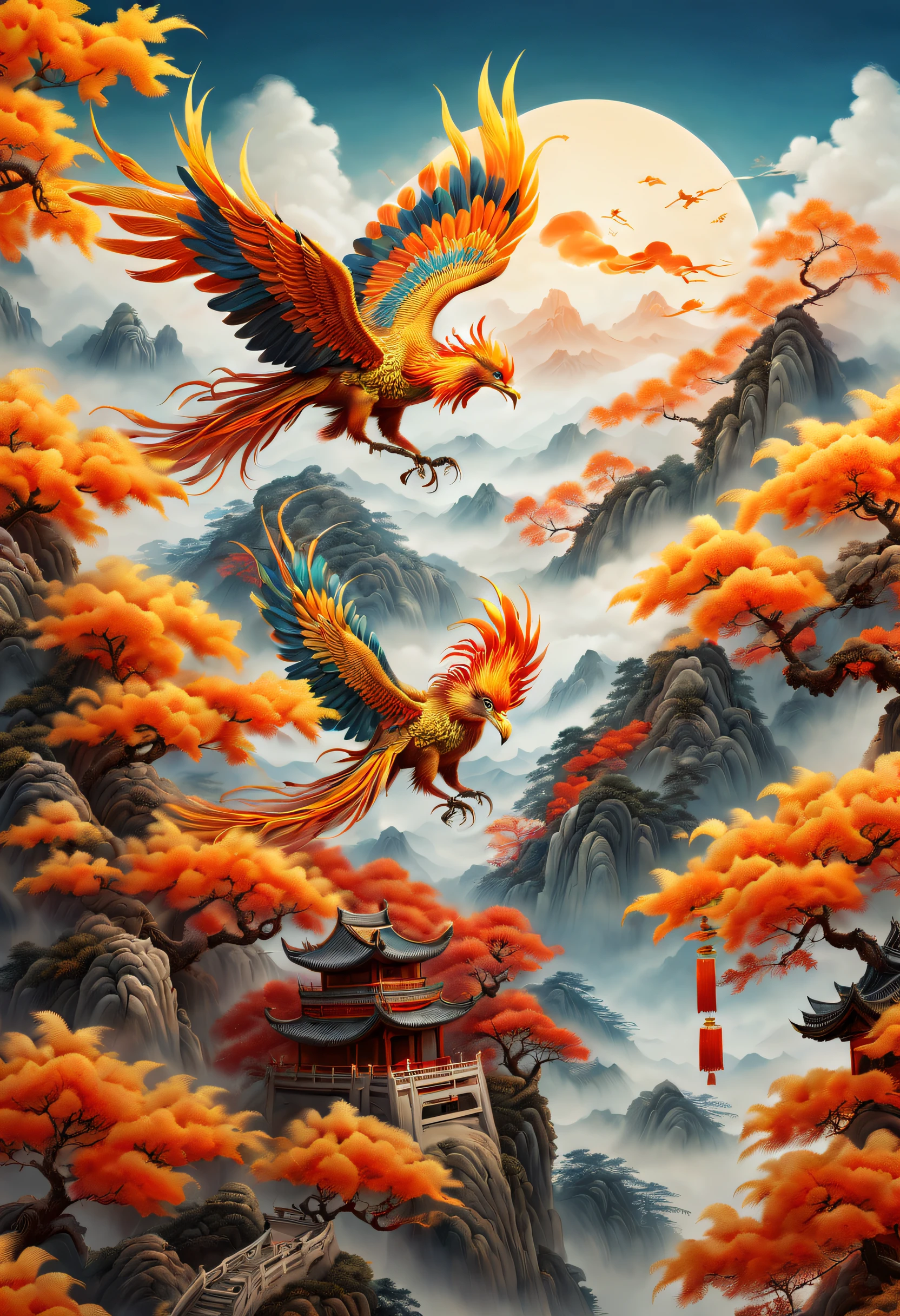 An ancient Chinese painting，There are glowing phoenixes on plane trees，fanciful，4K high quality and lifelike，mountain ranges， rios，Auspicious clouds，The feathers are colored，Dazzling，The long tail takes on colorful colors， super detailing， Epic composition， hyper HD， high qulity， extremely detaile， offcial art， 统一 8k 壁纸， super detailing， 32K