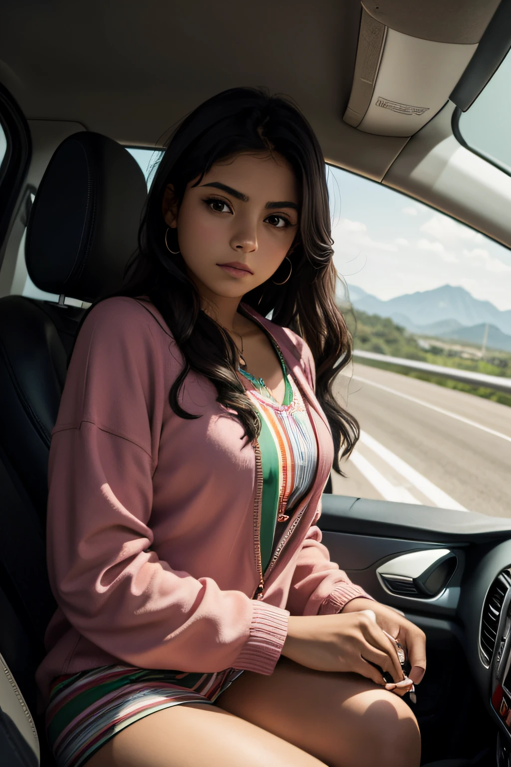 Mexican girl in a car on highway