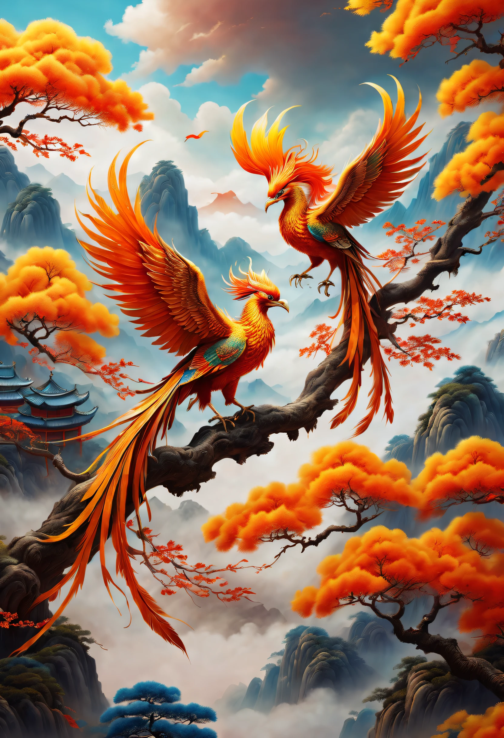 An ancient Chinese painting，There are glowing phoenixes on plane trees，fanciful，4K high quality and lifelike，mountain ranges， rios，Auspicious clouds，The feathers are colored，Dazzling，The long tail takes on colorful colors， super detailing， Epic composition， hyper HD， high qulity， extremely detaile， offcial art， 统一 8k 壁纸， super detailing， 32K