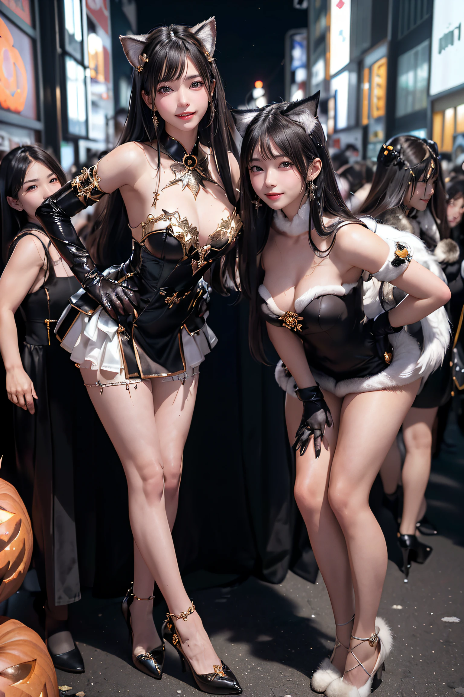 masterpiece, top-quality, top-quality, Beautifully Aesthetic:1.2, ((1girl)), Halloween night, ((Wearing a high-quality costume of fur of cat, gloves of cat, cat paw-shaped shoes, fur miniskirt):1.2), (Silver pin heels:1.1), high detailed, (Standing leaning forward with hands on ground:1.3), large breasts, firm breast, nicely shaped breasts, slender figure,
((Dark Brown Hair)), wavy hair, (medium long hair:1.2),
((in the middle of very crowded Shibuya's scramble crossing at late night:1.2)), ((Surrounded by many people wearing Halloween costumes:1.2)), (Full body shot:1.1), looking back at viewer, (From back:1.2),