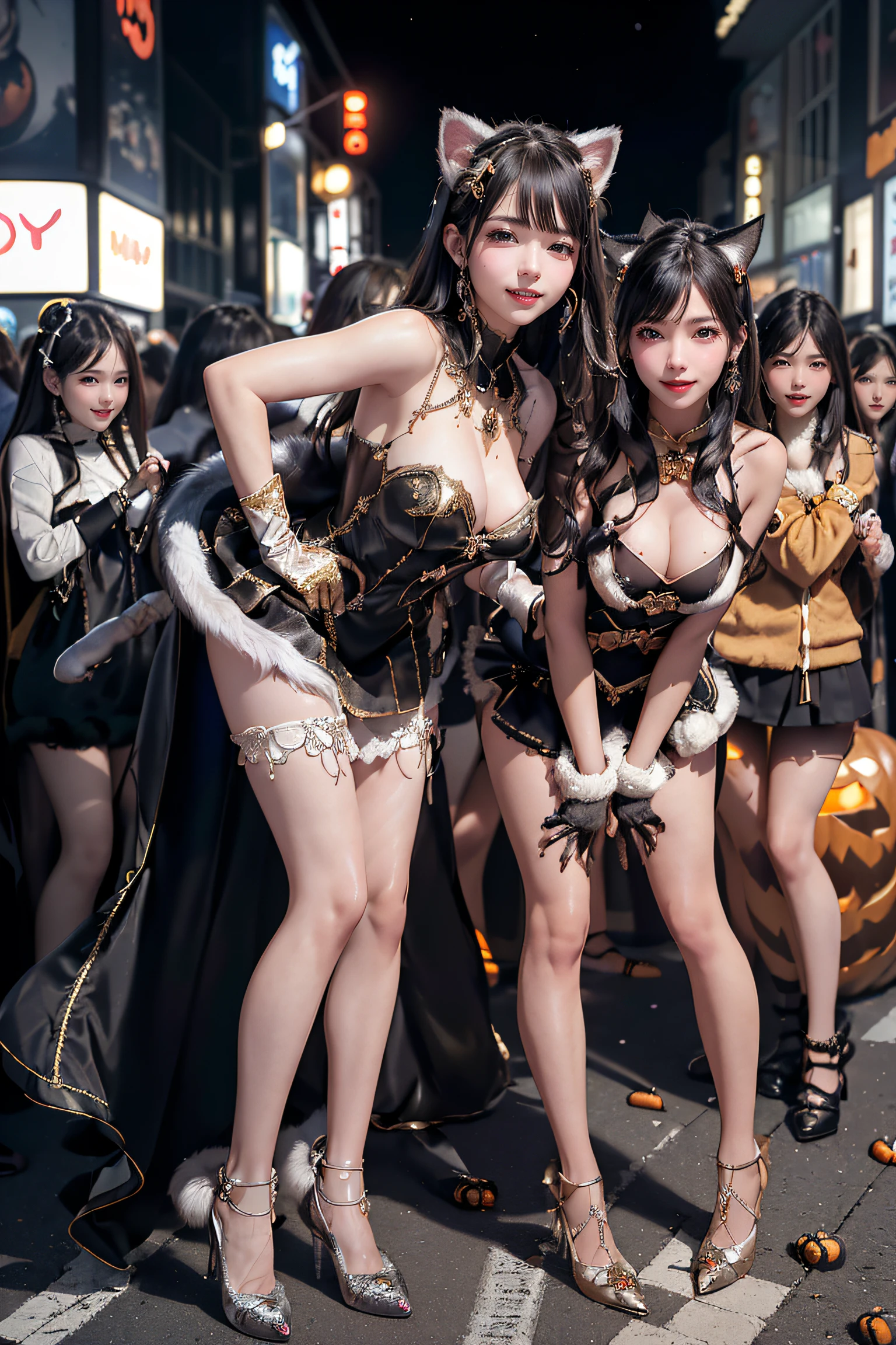 masterpiece, top-quality, top-quality, Beautifully Aesthetic:1.2, ((1girl)), Halloween night, ((Wearing a high-quality costume of fur of cat, gloves of cat, cat paw-shaped shoes, fur ):1.2), (Silver pin heels:1.1), high detailed, (Standing leaning forward with hands on ground:1.3), large , firm , nicely shaped , slender figure, 
((Dark Brown Hair)), wavy hair, (medium long hair:1.2), 
((in the middle of very crowded Shibuya's scramble crossing at late night:1.2)), ((Surrounded by many people wearing Halloween costumes:1.2)), (Full body shot:1.1), looking back at viewer, (From back:1.2),