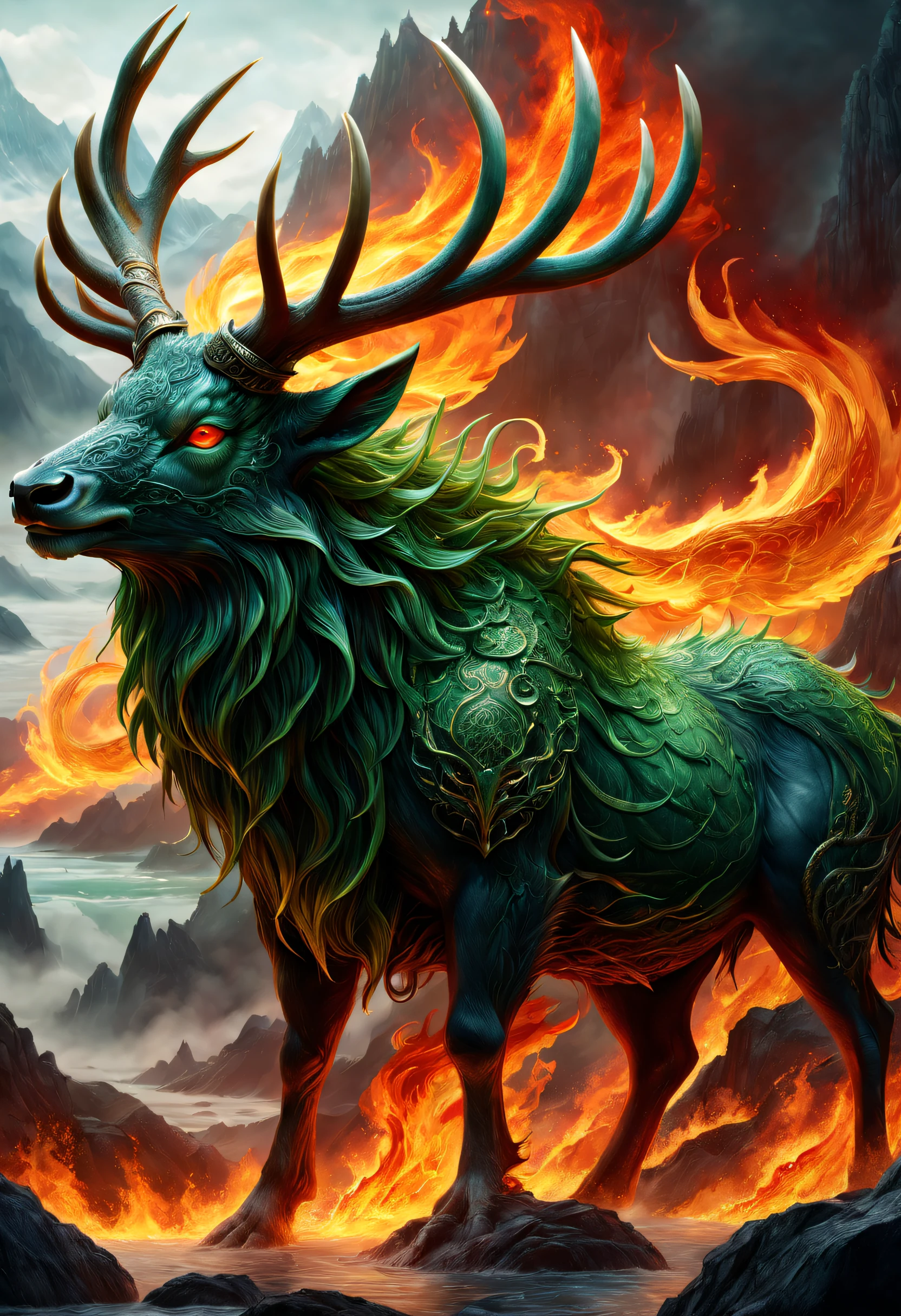 tmasterpiece,high high quality,high definition resolution,16k,realisticlying,(the mountains and the sea),Evil monsters from hell,The demons,Ferocious,brutality,Old,Black-green scales,quadrupedal,deer antlers,mane hair,,Sharp claws,beast of prey,Fangs and sharp teeth,Sparkling red eyes,Gigantic body,full bodyesbian,Harnessing the flames,Use ice magic,Ice and fire magic,Chinese mythology,Oriental elements,Epic mythological fantasy,digital art fantasy,Ancient myths and legends,mythological creatures,Intricate fantasy illustrations, Detailed fantasy illustration, fantasy highly detailed, beautiful detailed fantasy, magic fantasy highly detailed, highly detailed fantasy art, epic rivendell fantasy, detailed fantasy digital art, detailed fantasy art