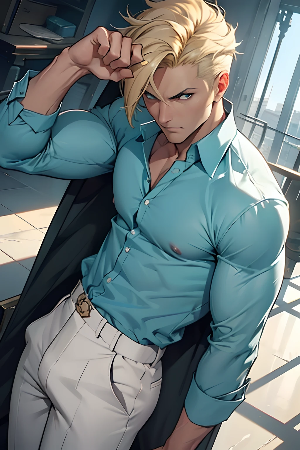 30 years old men, Disturbed Allback, blondehair, One Eye, tense look，Gray iris,boobplate，Roll up your turquoise shirt，Trained body，White pants， Lunette de soleil，razor-sharp jawline, sharp gaze, Cold and mysterious character, 8K, Detailed features, extremely handsome