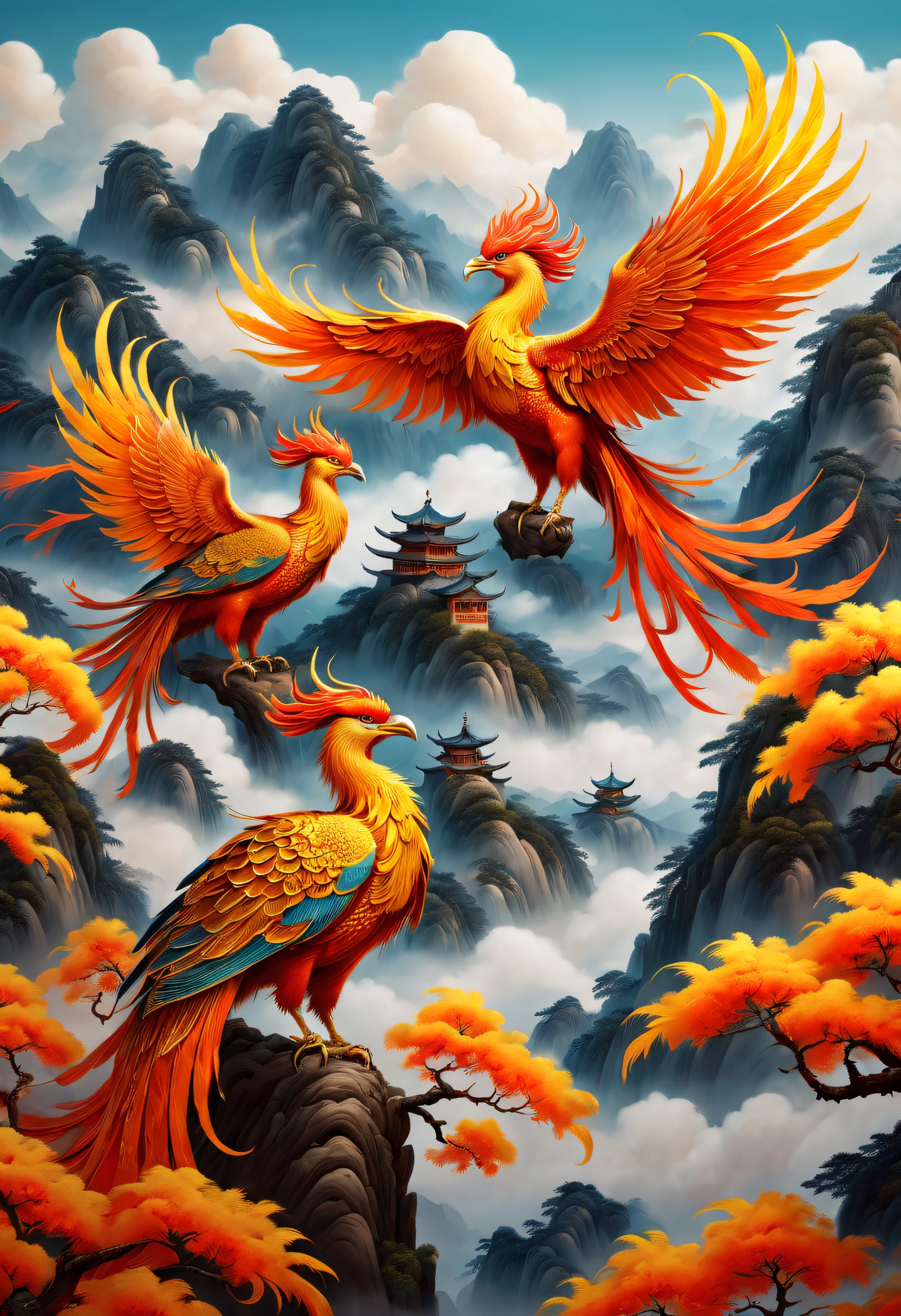 An ancient Chinese painting，There are glowing phoenixes on plane trees，fanciful，4K high quality and lifelike，mountain ranges， rios，Auspicious clouds，The feathers are colored，Dazzling，The long tail takes on colorful colors， super detailing， Epic composition， hyper HD， high qulity， extremely detaile， offcial art， 统一 8k 壁纸， super detailing， 32K