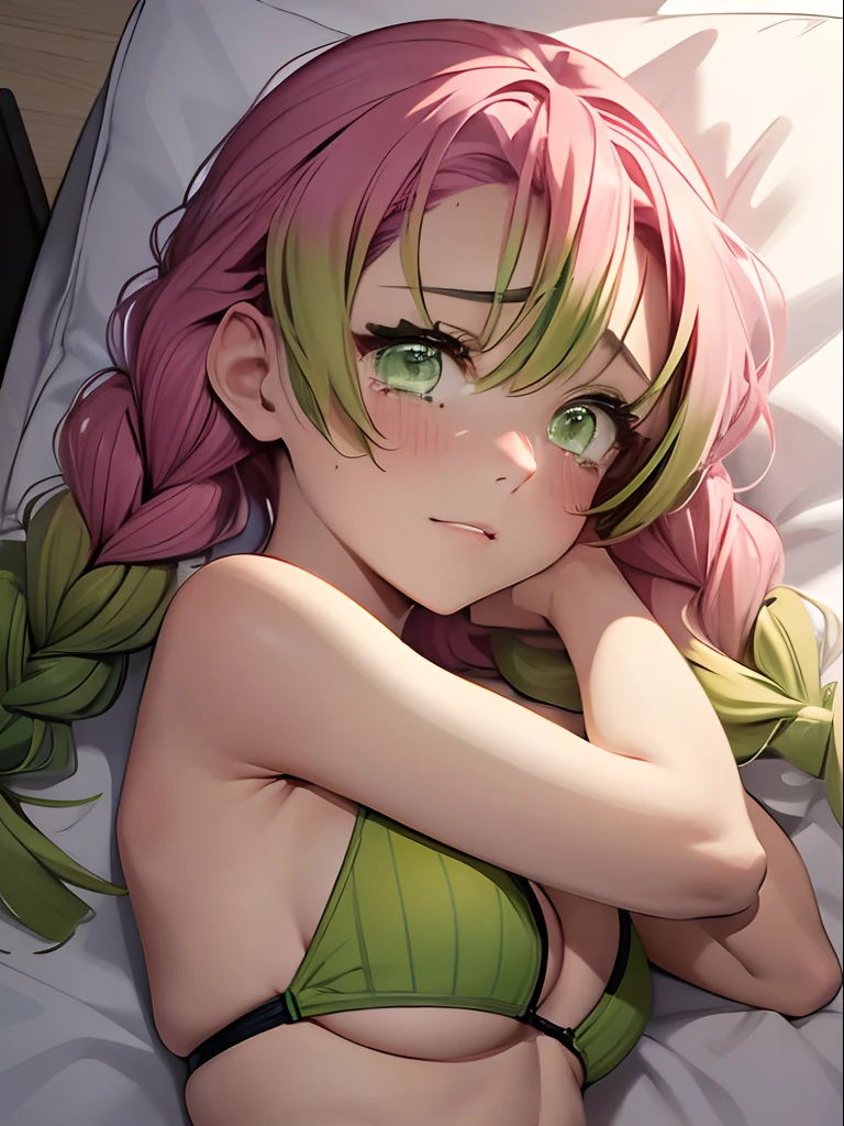 (Crying face), The bikini, Gradient Hair, (Green eyes:1.5), Green hair, Mole under the eyes, multicolored hair, Pink hair, Twin braids, Two-tone hair, Full body, Perfect Lighting,Sleeping on the bed