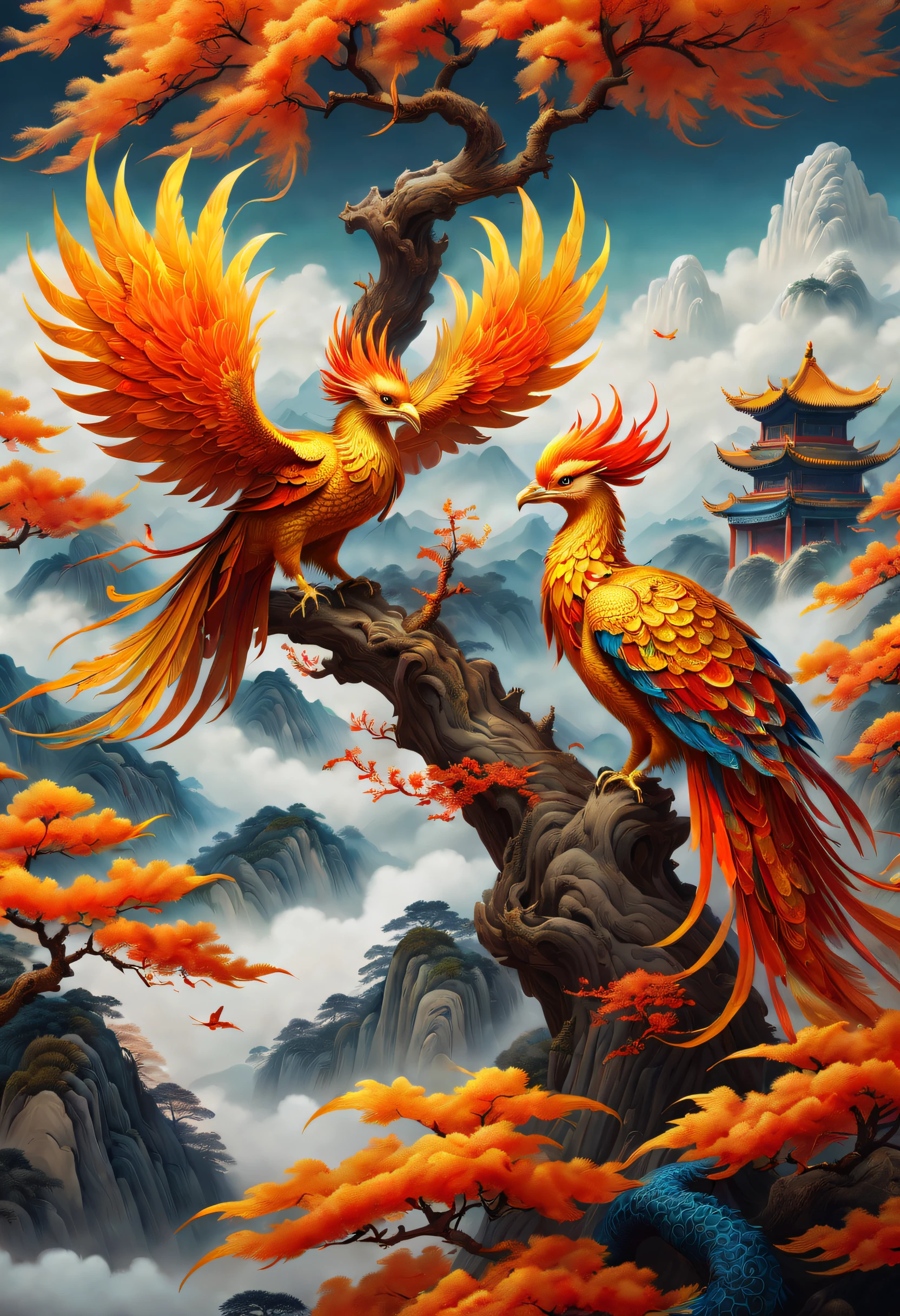 An ancient Chinese painting，There are glowing phoenixes on plane trees，fanciful，4K high quality and lifelike，mountain ranges， rios，Auspicious clouds，The feathers are colored，Dazzling，The long tail takes on colorful colors， super detailing， Epic composition， hyper HD， high qulity， extremely detaile， offcial art， 统一 8k 壁纸， super detailing， 32K